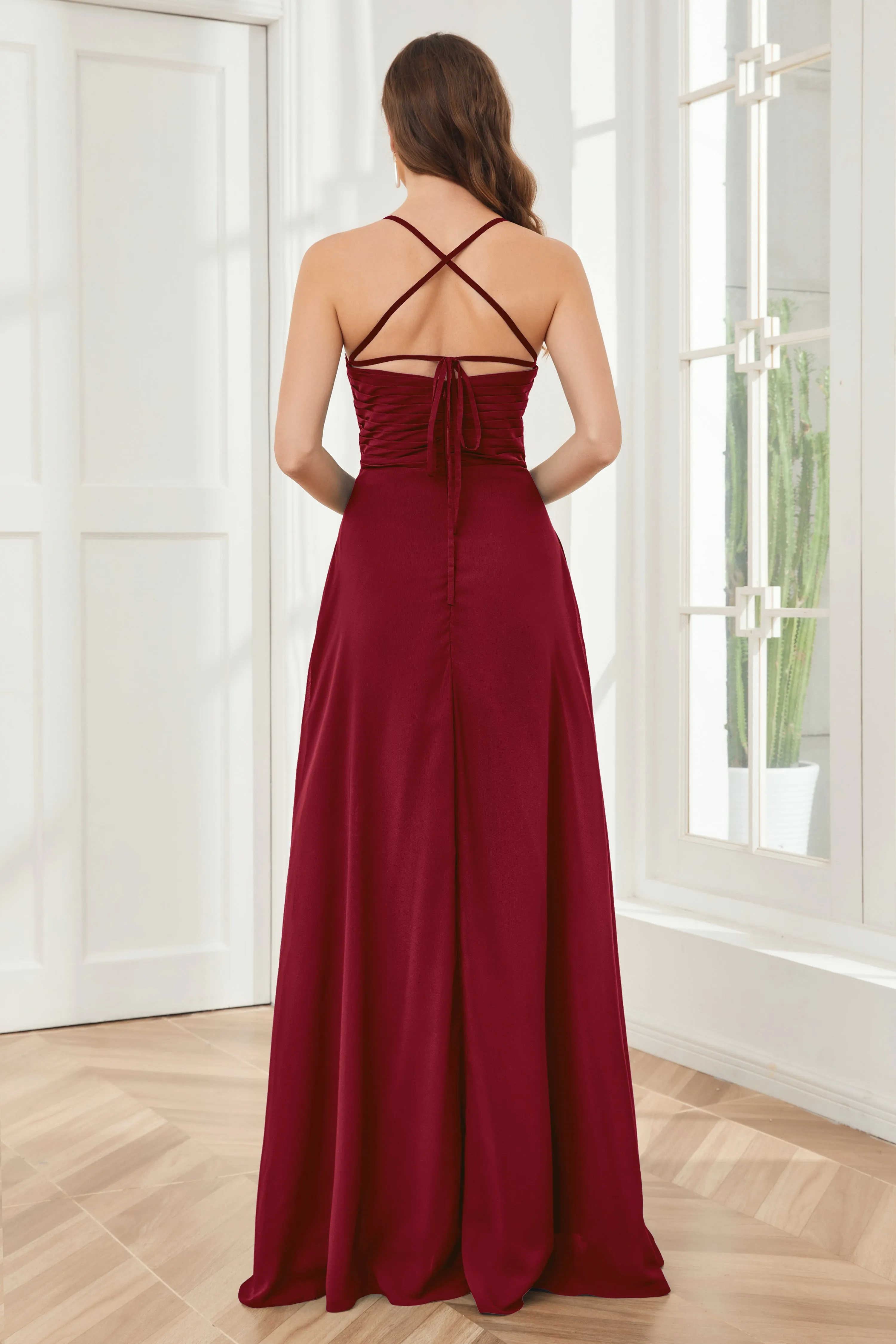 Spaghetti Straps Split Chiffon Bridesmaid Dresses