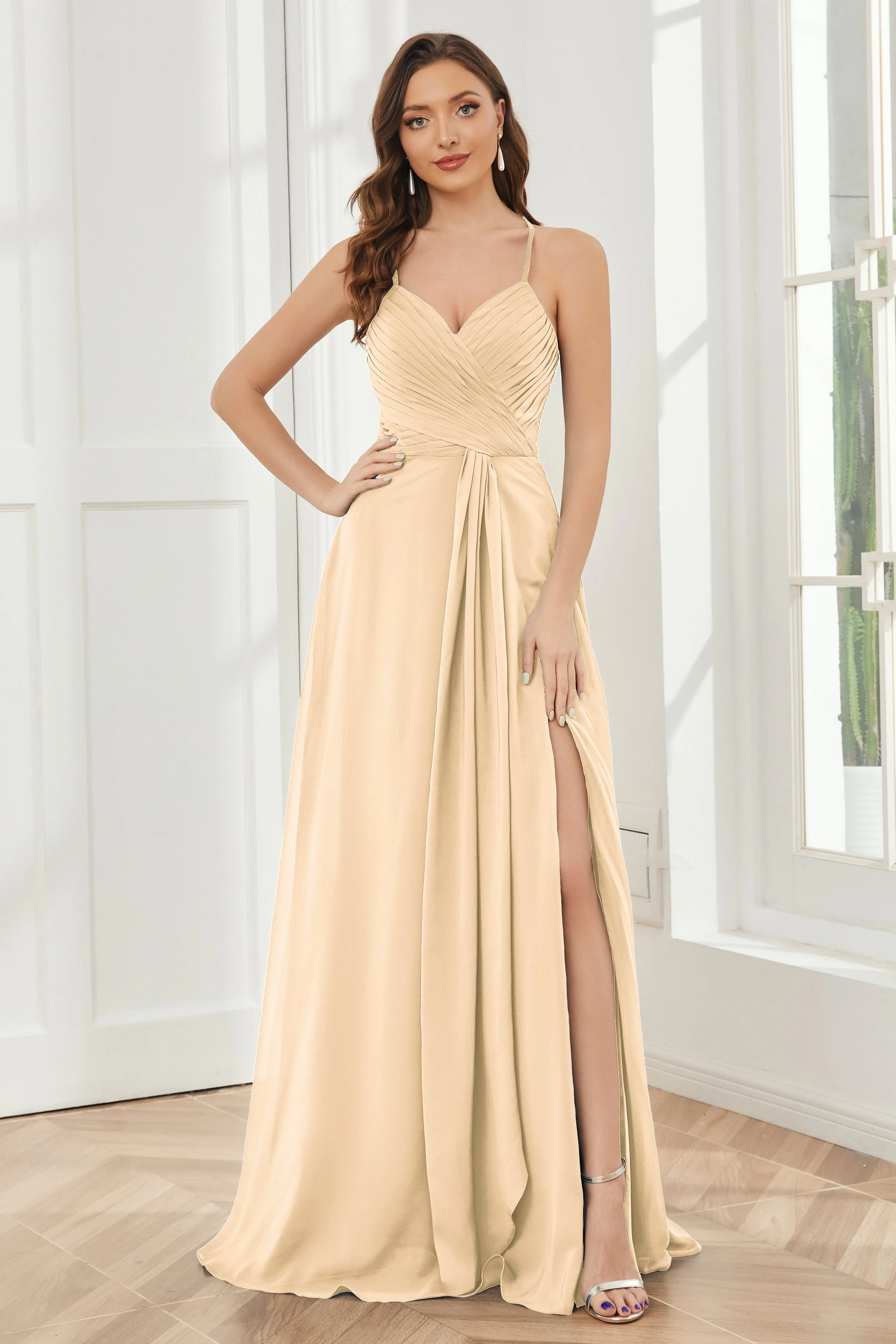 Spaghetti Straps Split Chiffon Bridesmaid Dresses