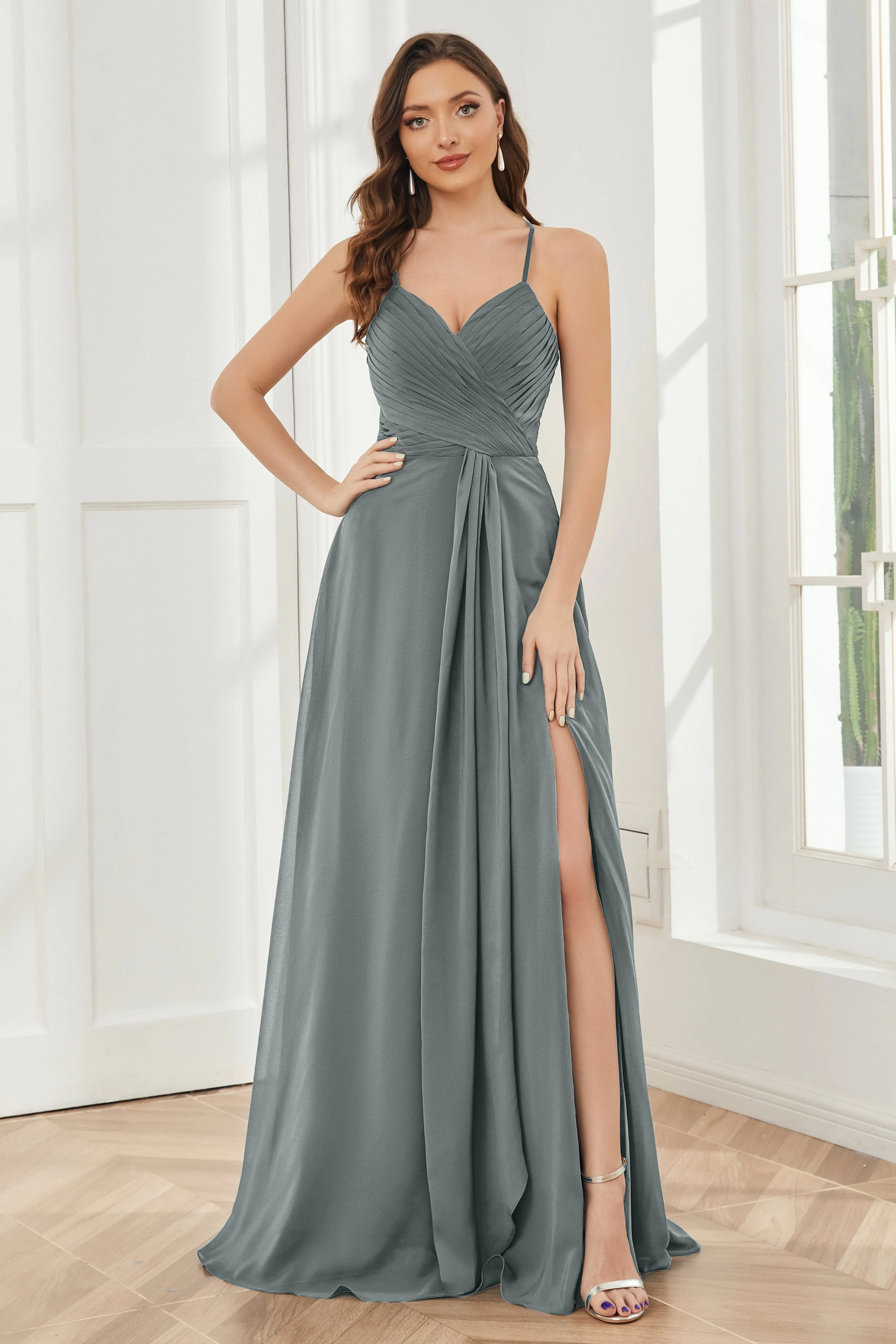 Spaghetti Straps Split Chiffon Bridesmaid Dresses