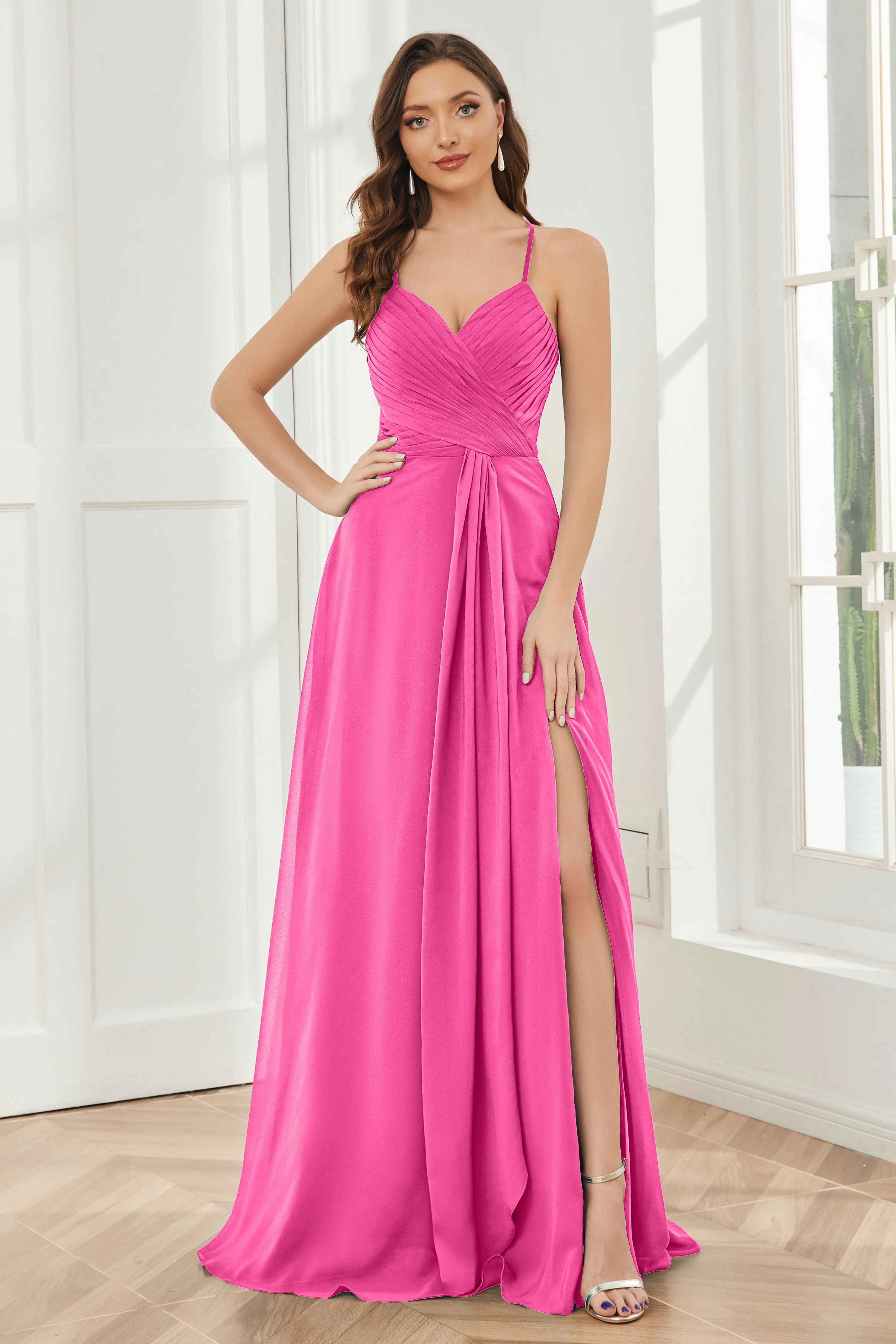 Spaghetti Straps Split Chiffon Bridesmaid Dresses