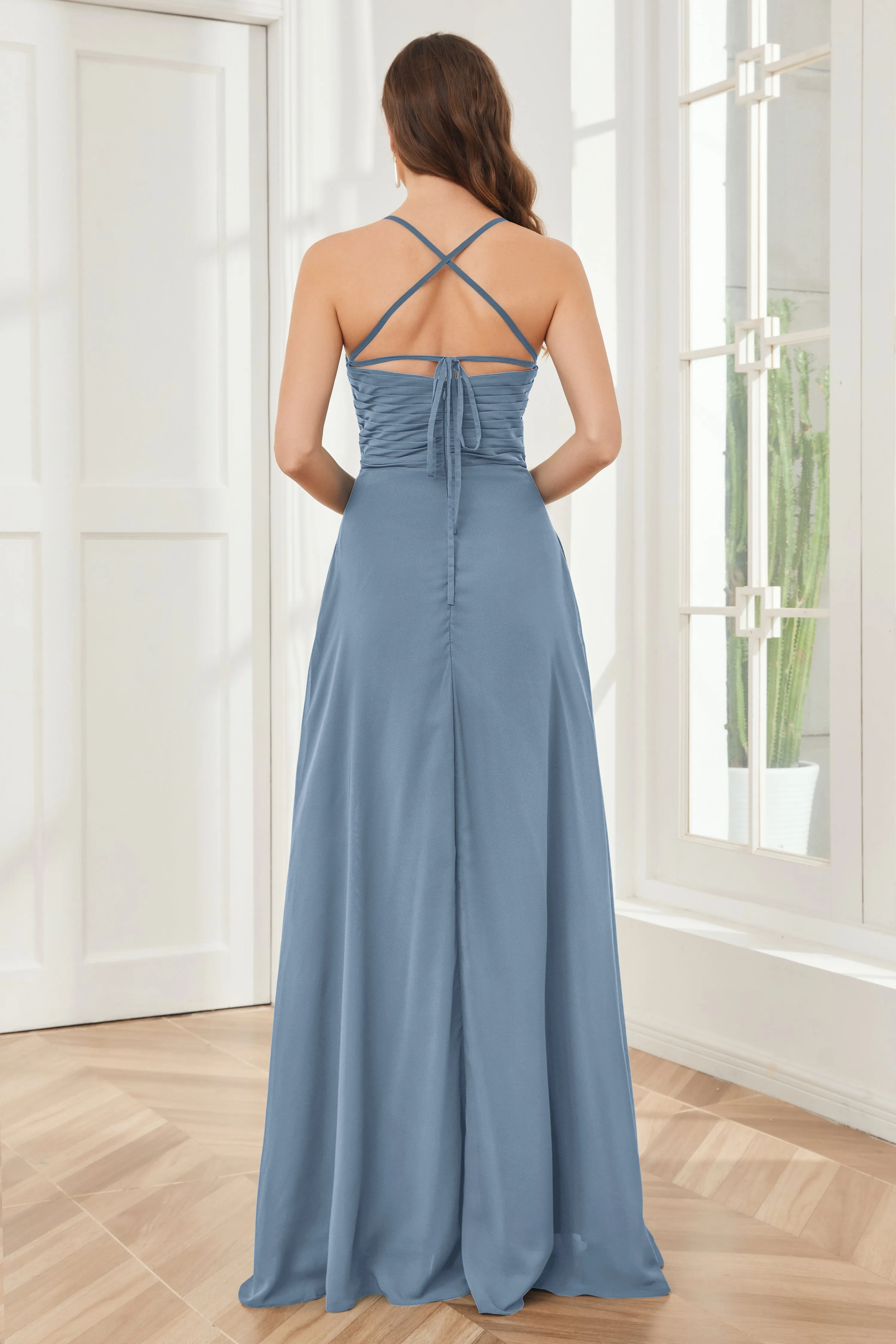 Spaghetti Straps Split Chiffon Bridesmaid Dresses