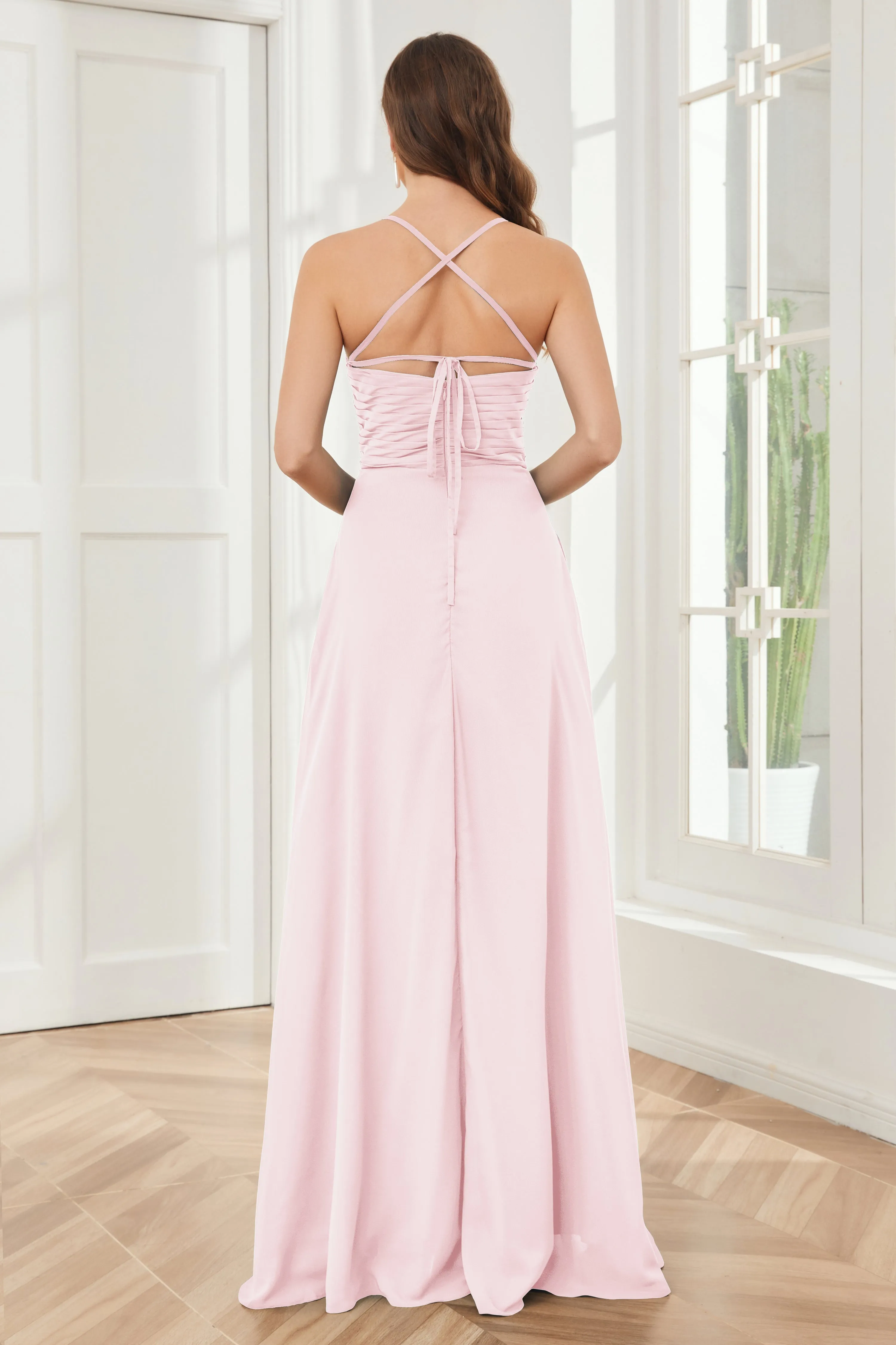 Spaghetti Straps Split Chiffon Bridesmaid Dresses