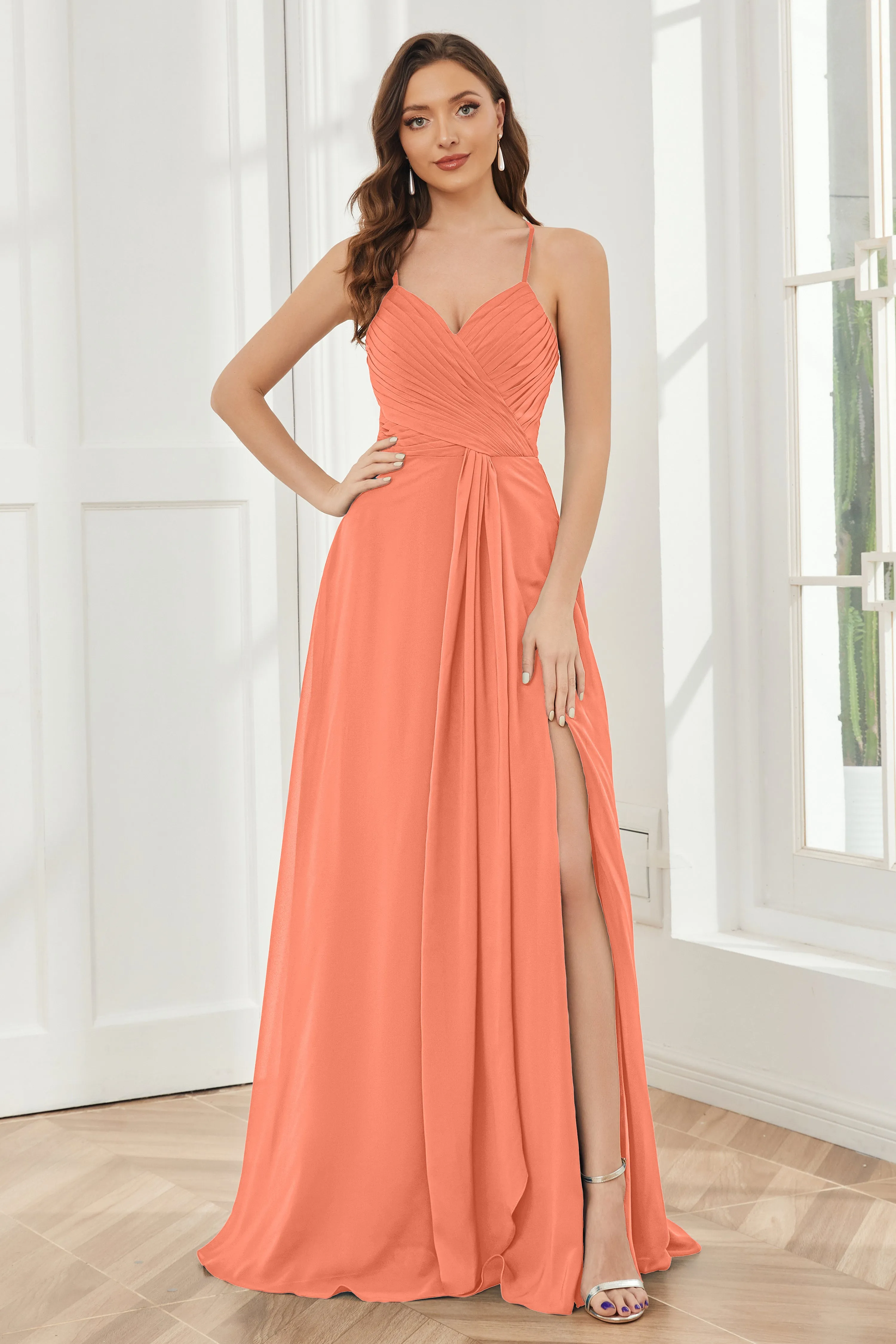 Spaghetti Straps Split Chiffon Bridesmaid Dresses