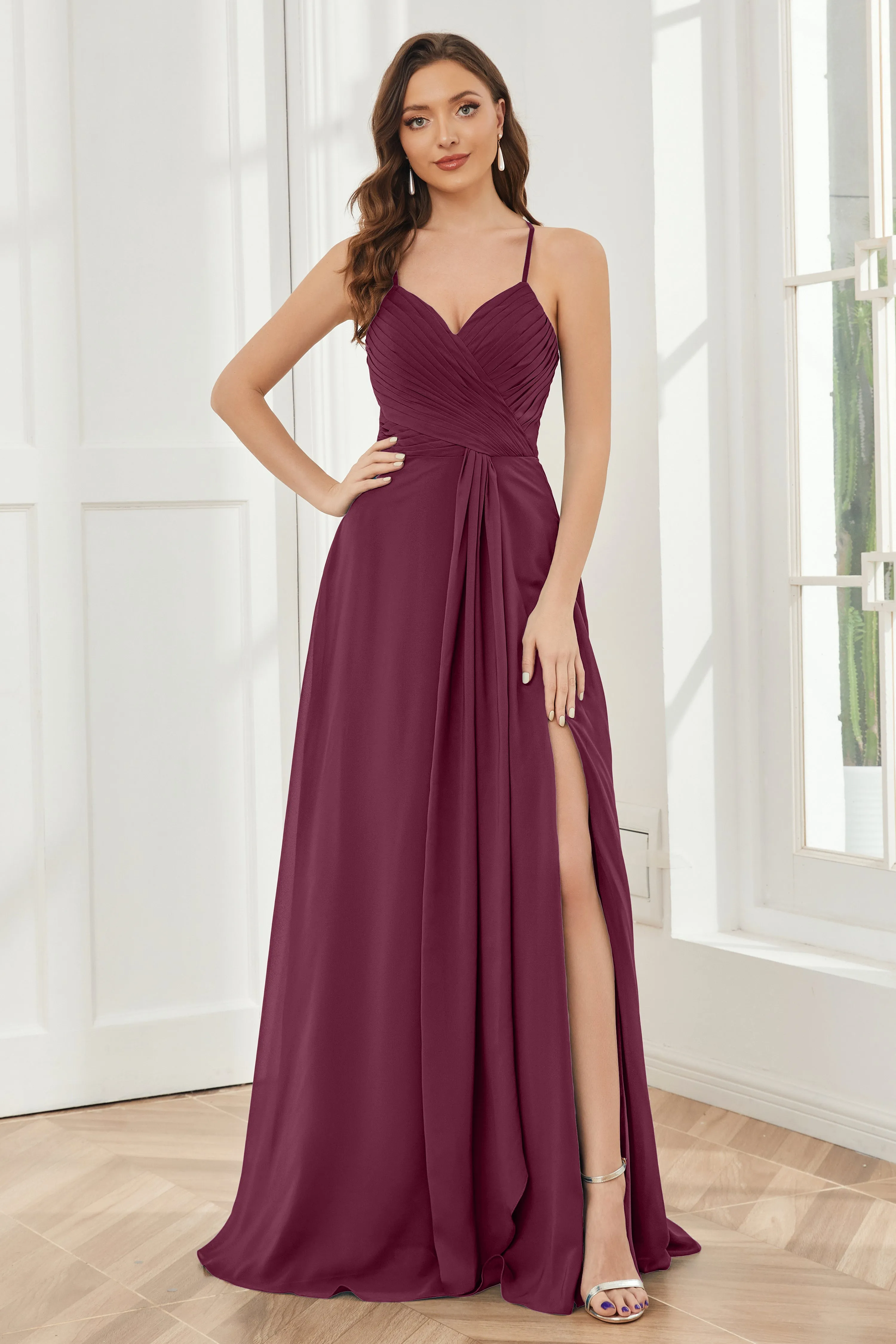 Spaghetti Straps Split Chiffon Bridesmaid Dresses