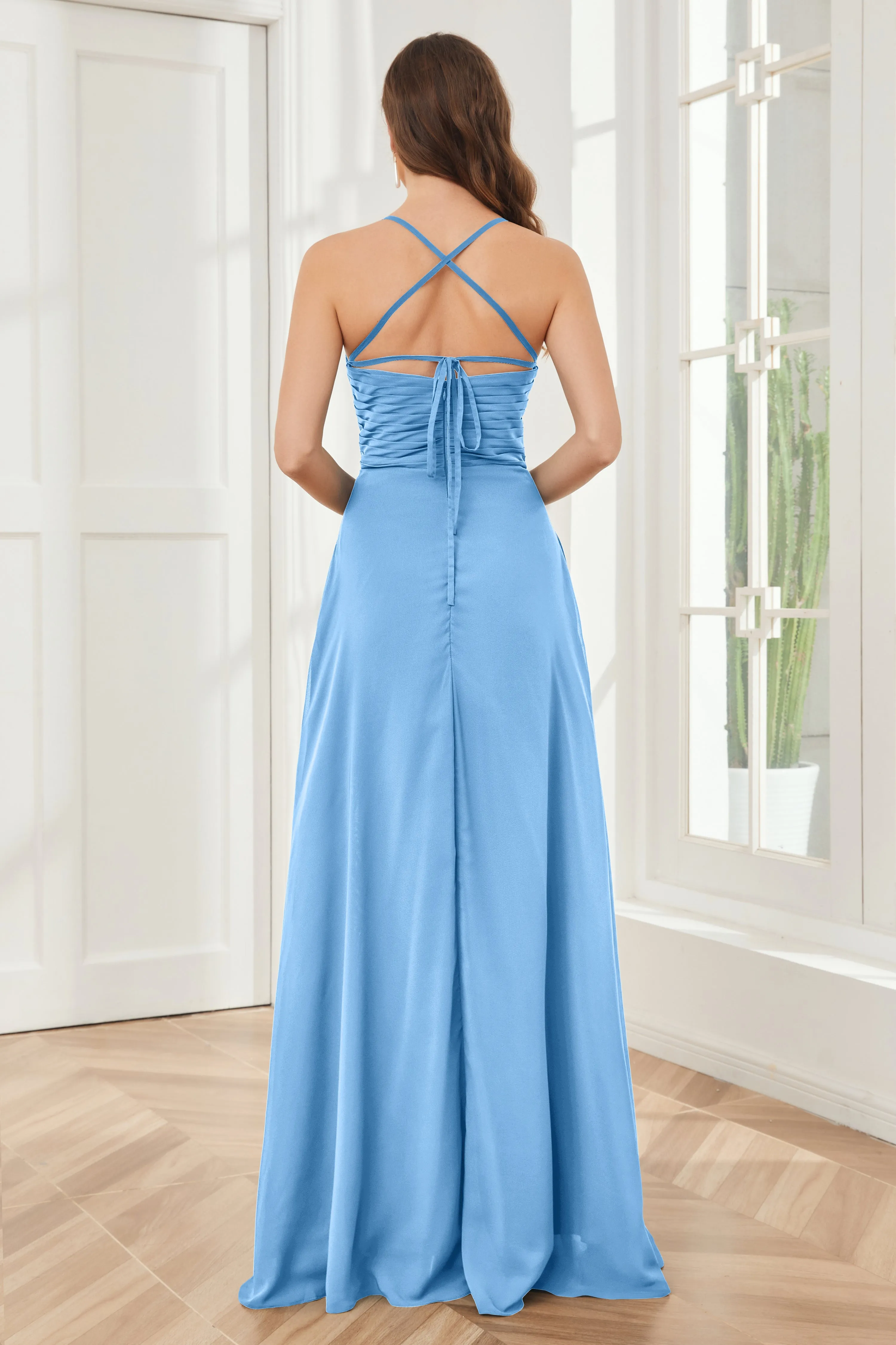 Spaghetti Straps Split Chiffon Bridesmaid Dresses