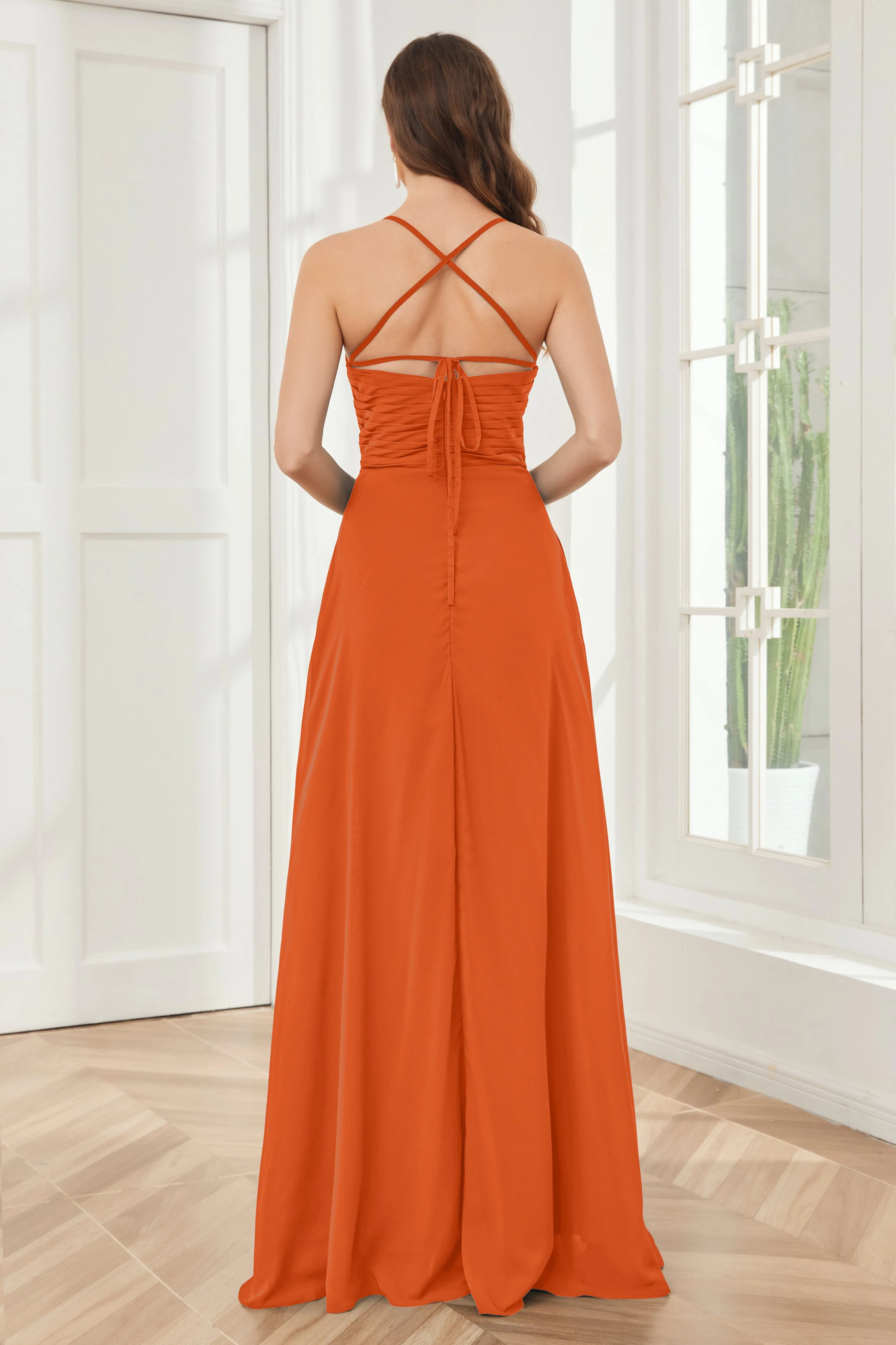 Spaghetti Straps Split Chiffon Bridesmaid Dresses