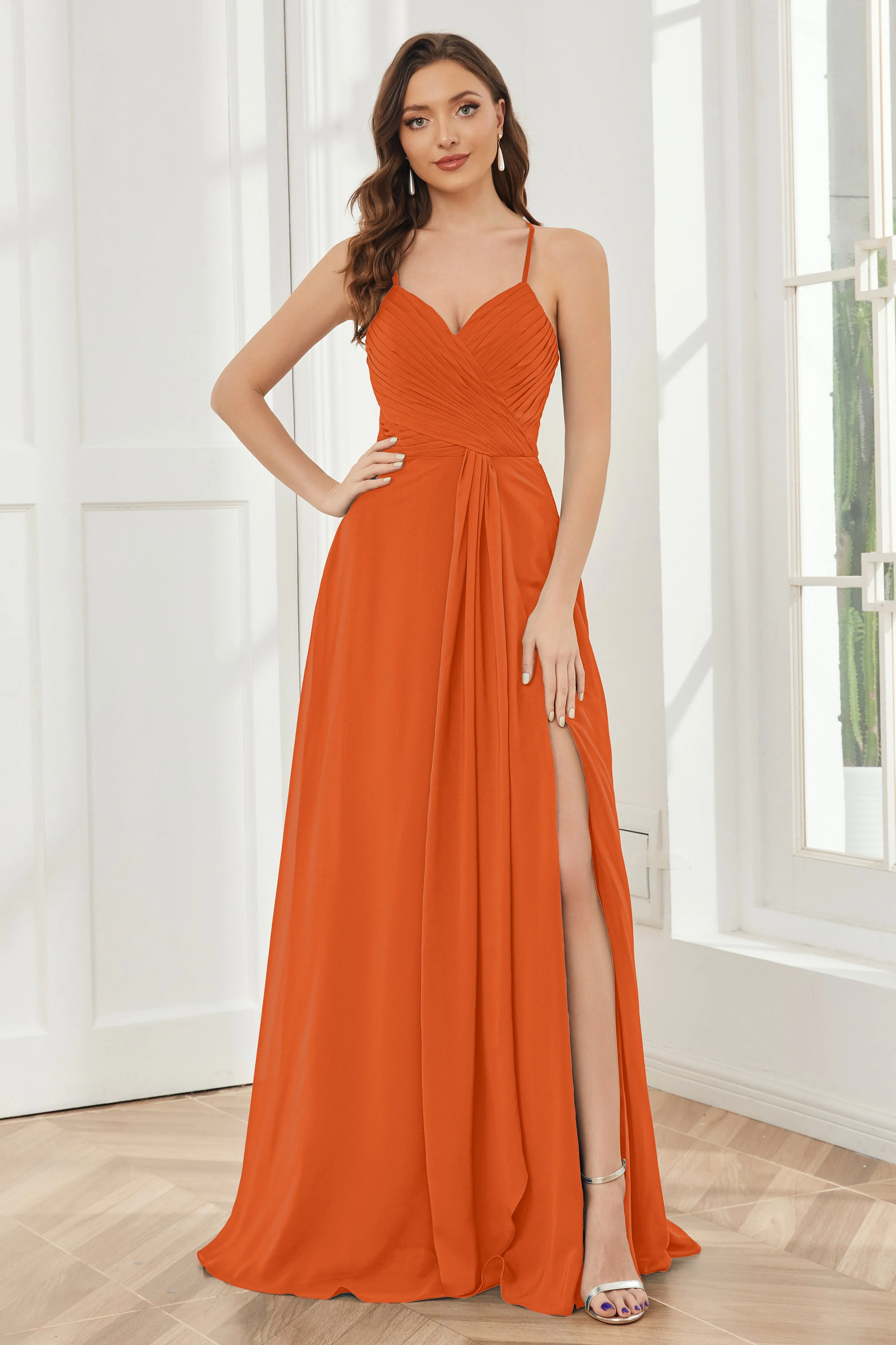 Spaghetti Straps Split Chiffon Bridesmaid Dresses