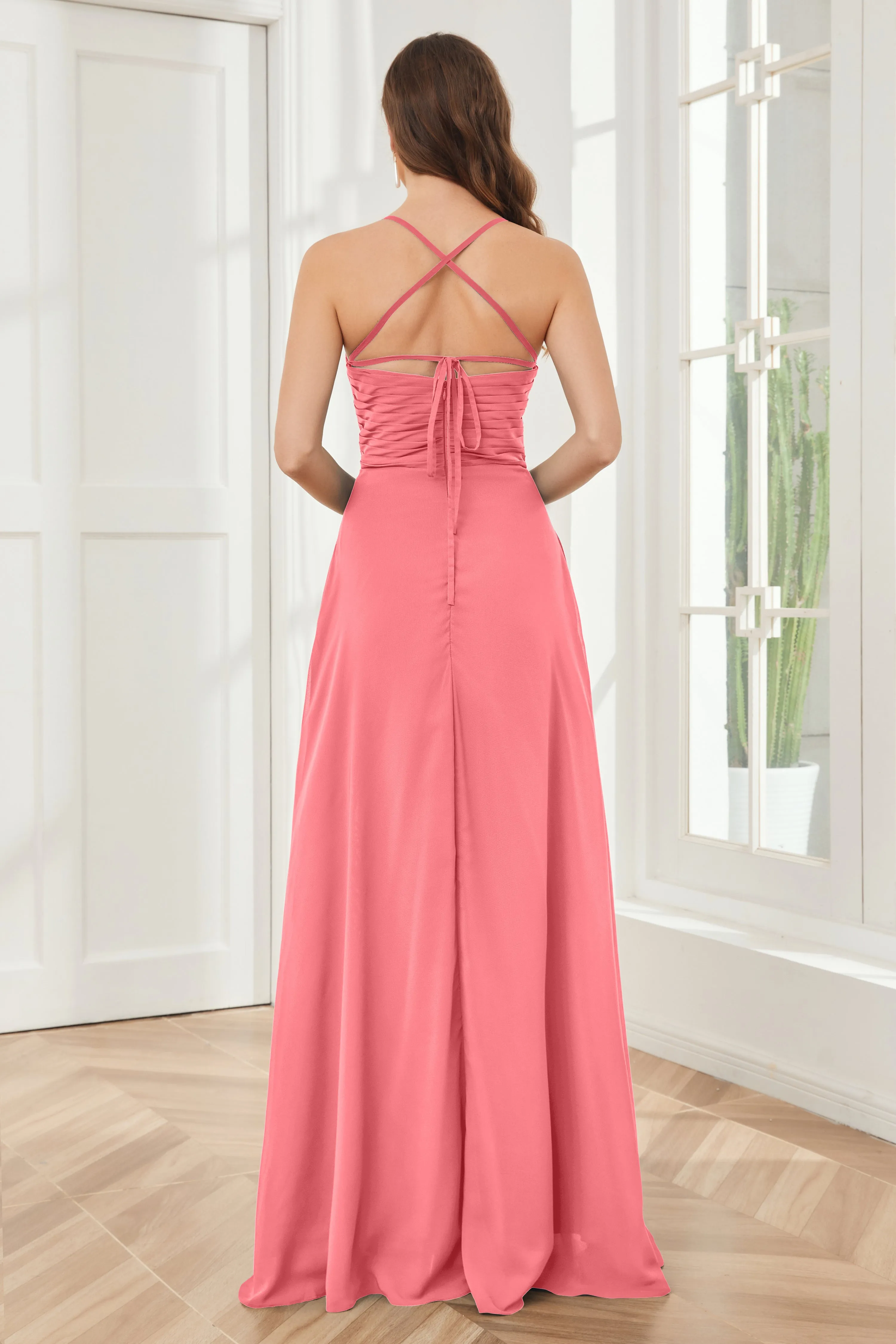 Spaghetti Straps Split Chiffon Bridesmaid Dresses