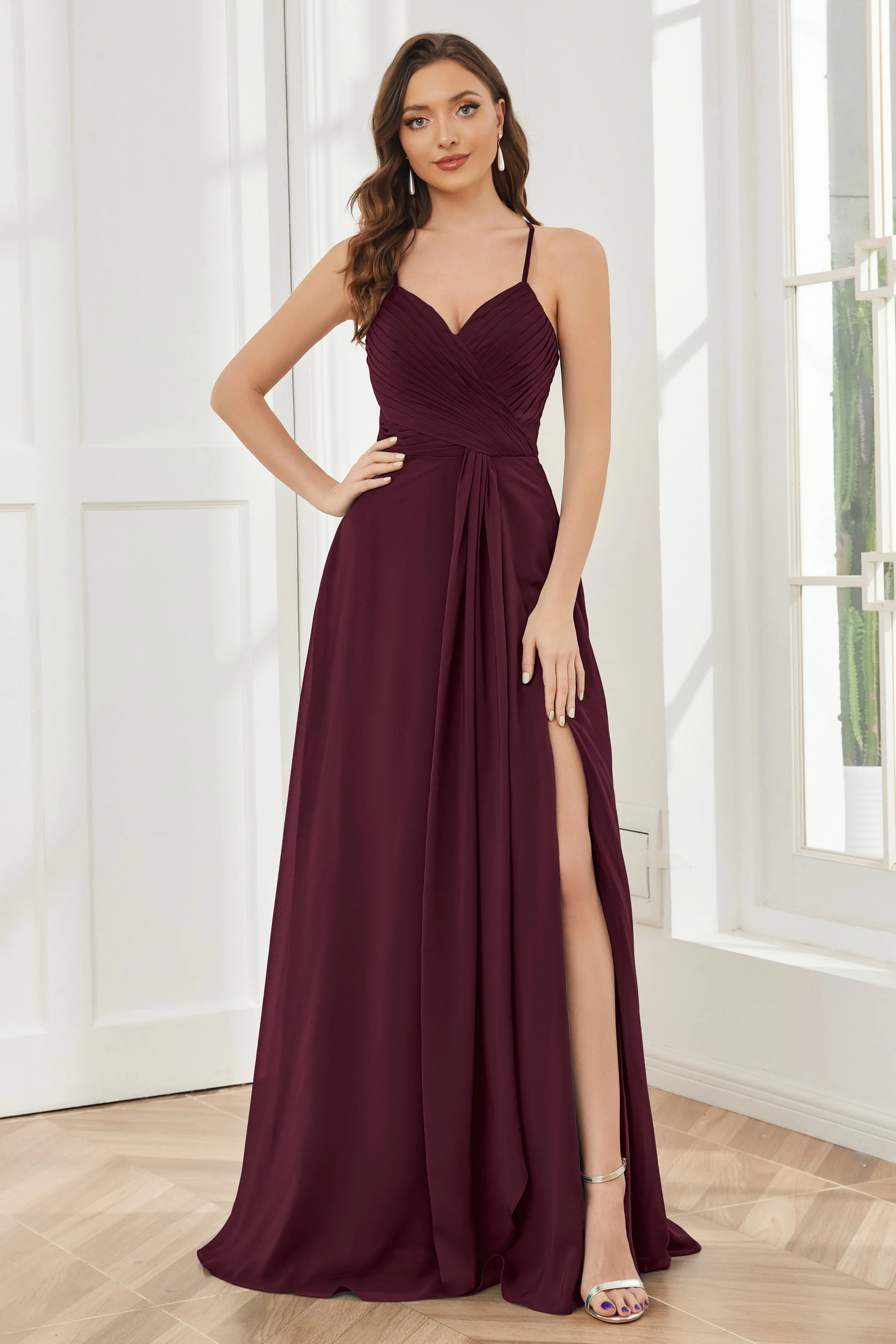 Spaghetti Straps Split Chiffon Bridesmaid Dresses