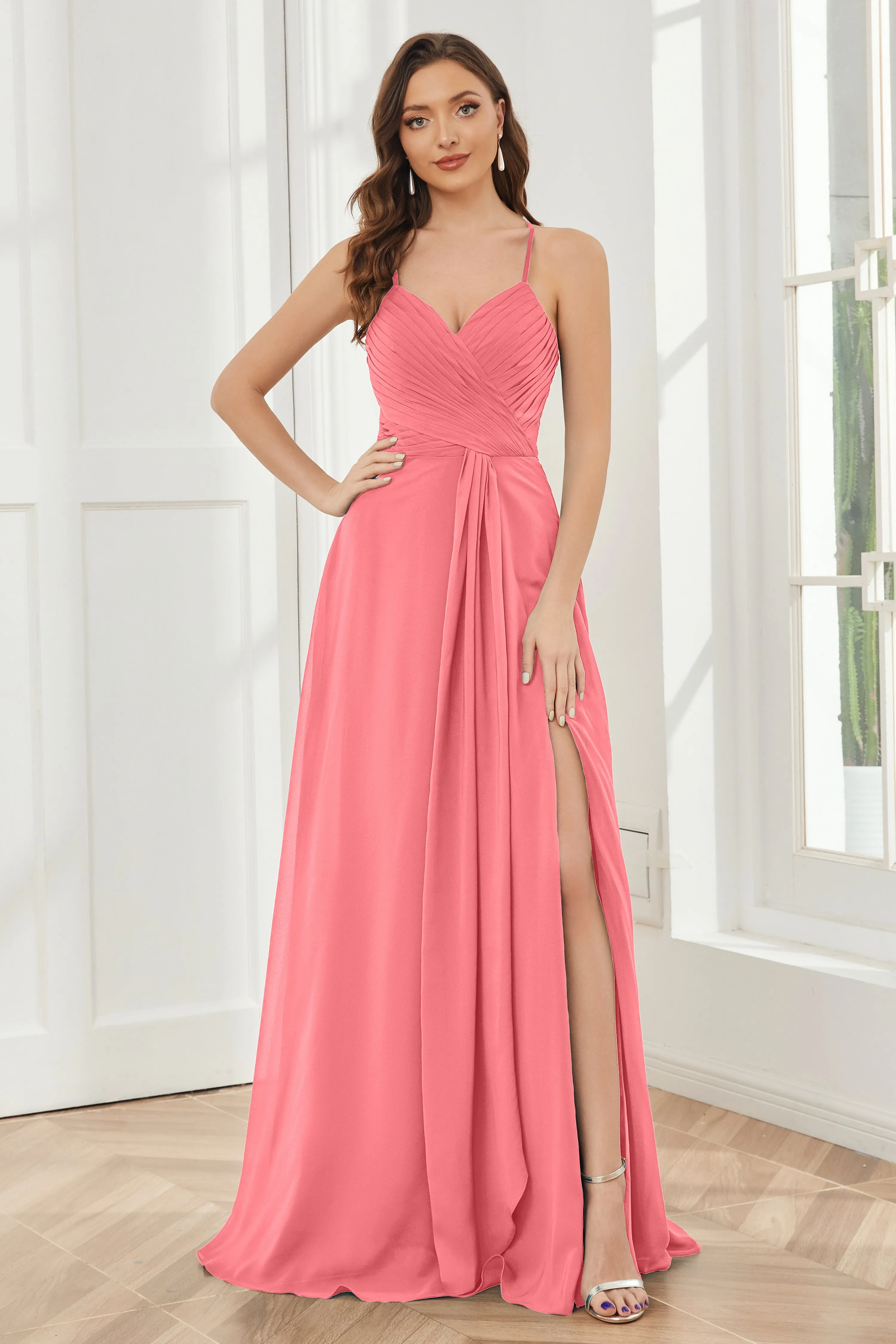 Spaghetti Straps Split Chiffon Bridesmaid Dresses