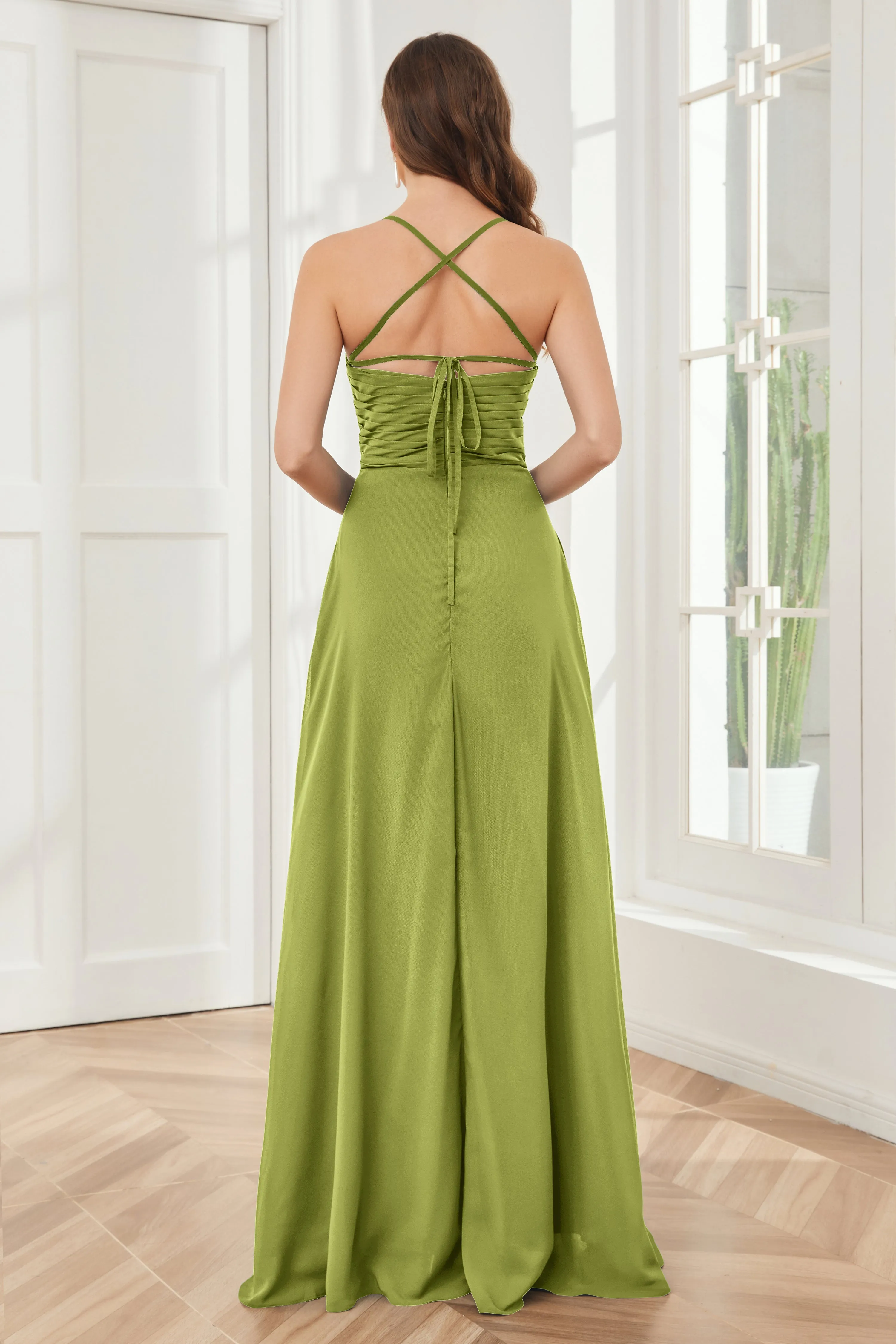 Spaghetti Straps Split Chiffon Bridesmaid Dresses