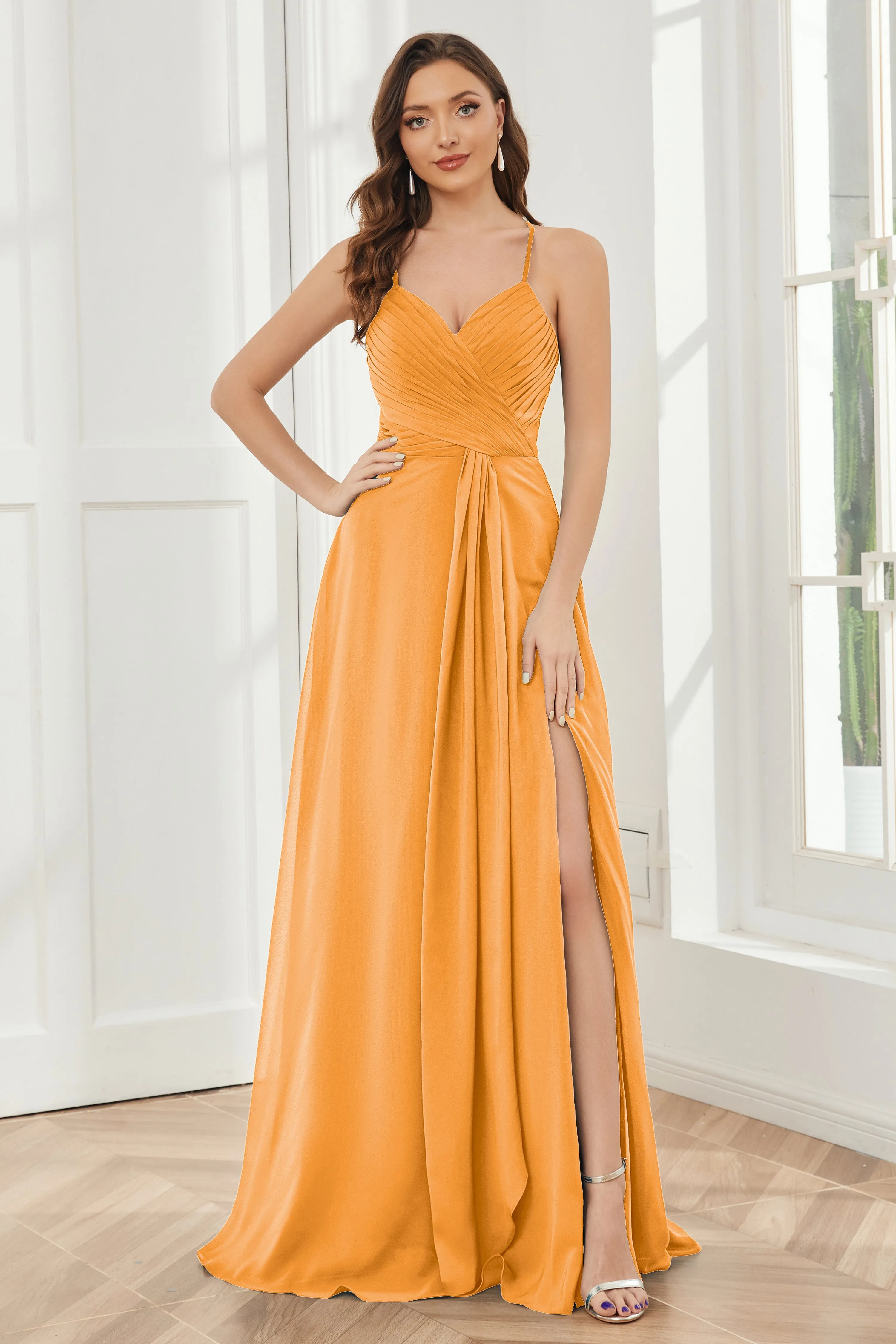 Spaghetti Straps Split Chiffon Bridesmaid Dresses