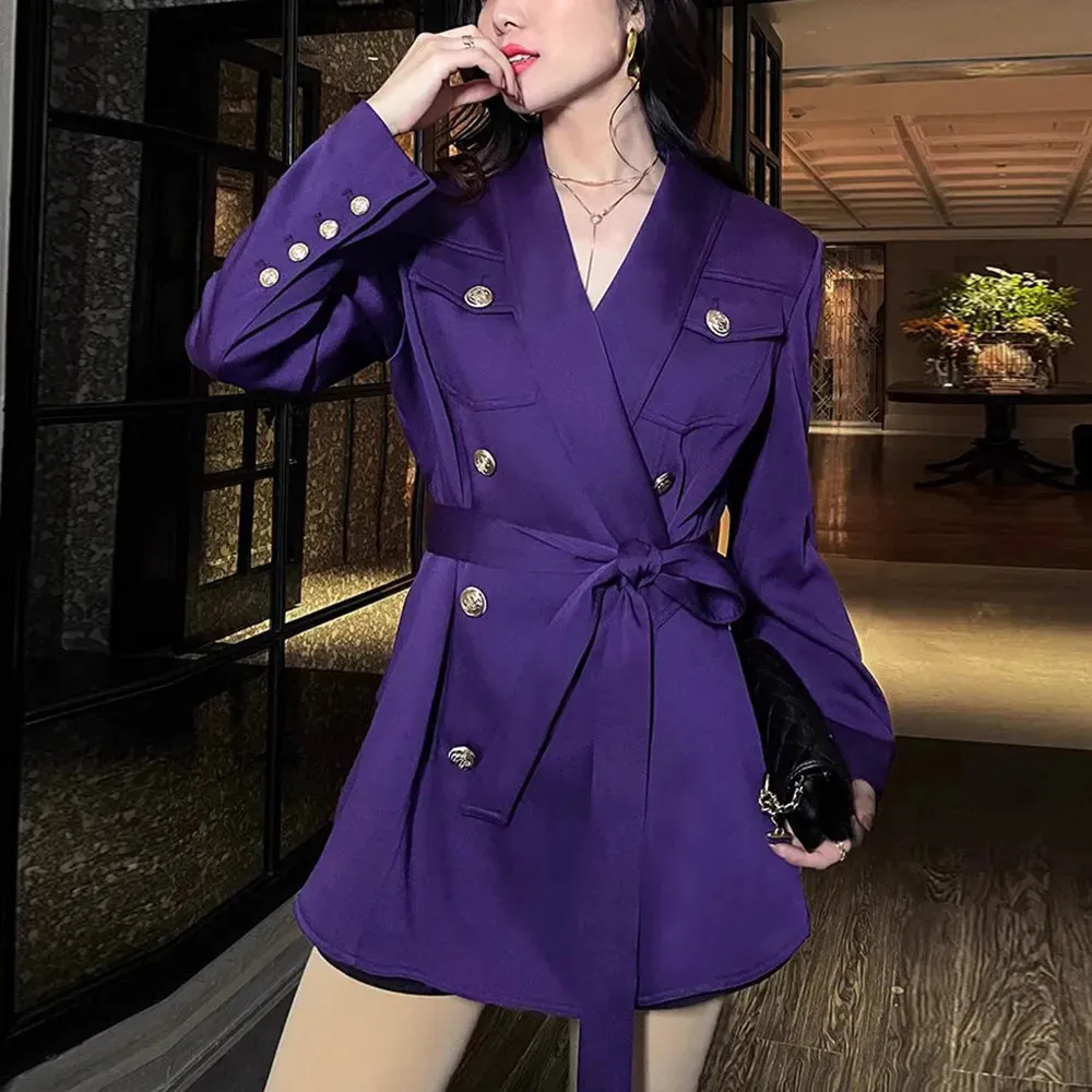 Spliced Lace Up Vintage Chic Blazers For Women Notched Collar Long Sleeve Double Breasted Slim Coats Female Clothes