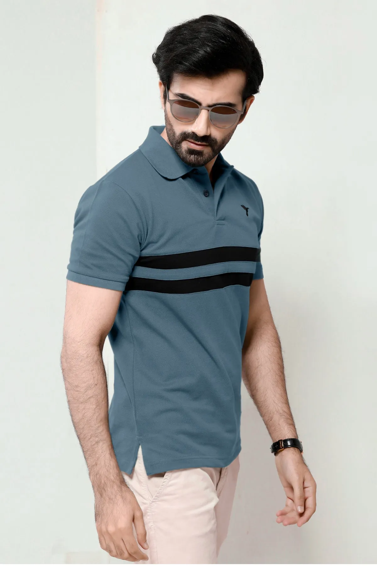 Stormy Blue Contrast Panelled Embroidered Polo Shirt - A23 - MP0208R