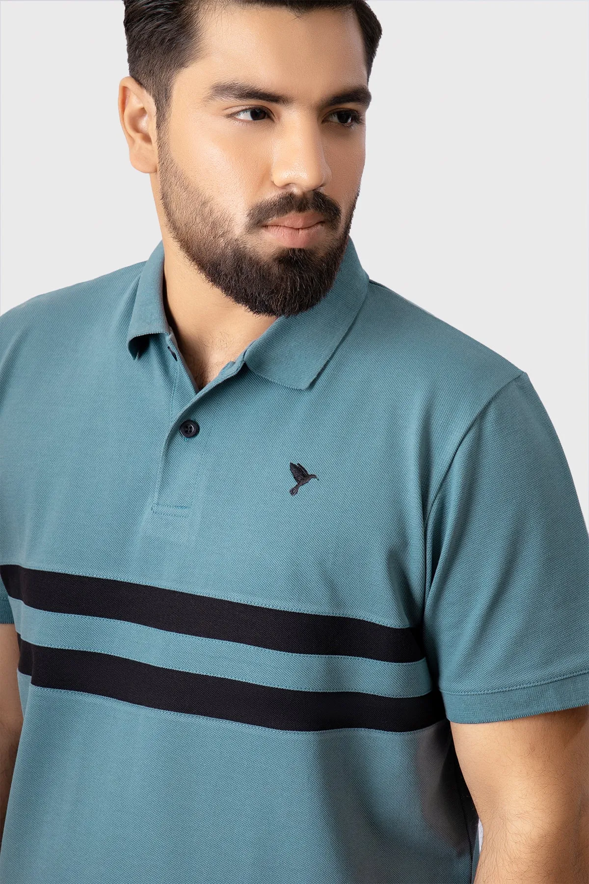 Stormy Blue Contrast Panelled Embroidered Polo Shirt (Plus Size) - A23 - MP0208P