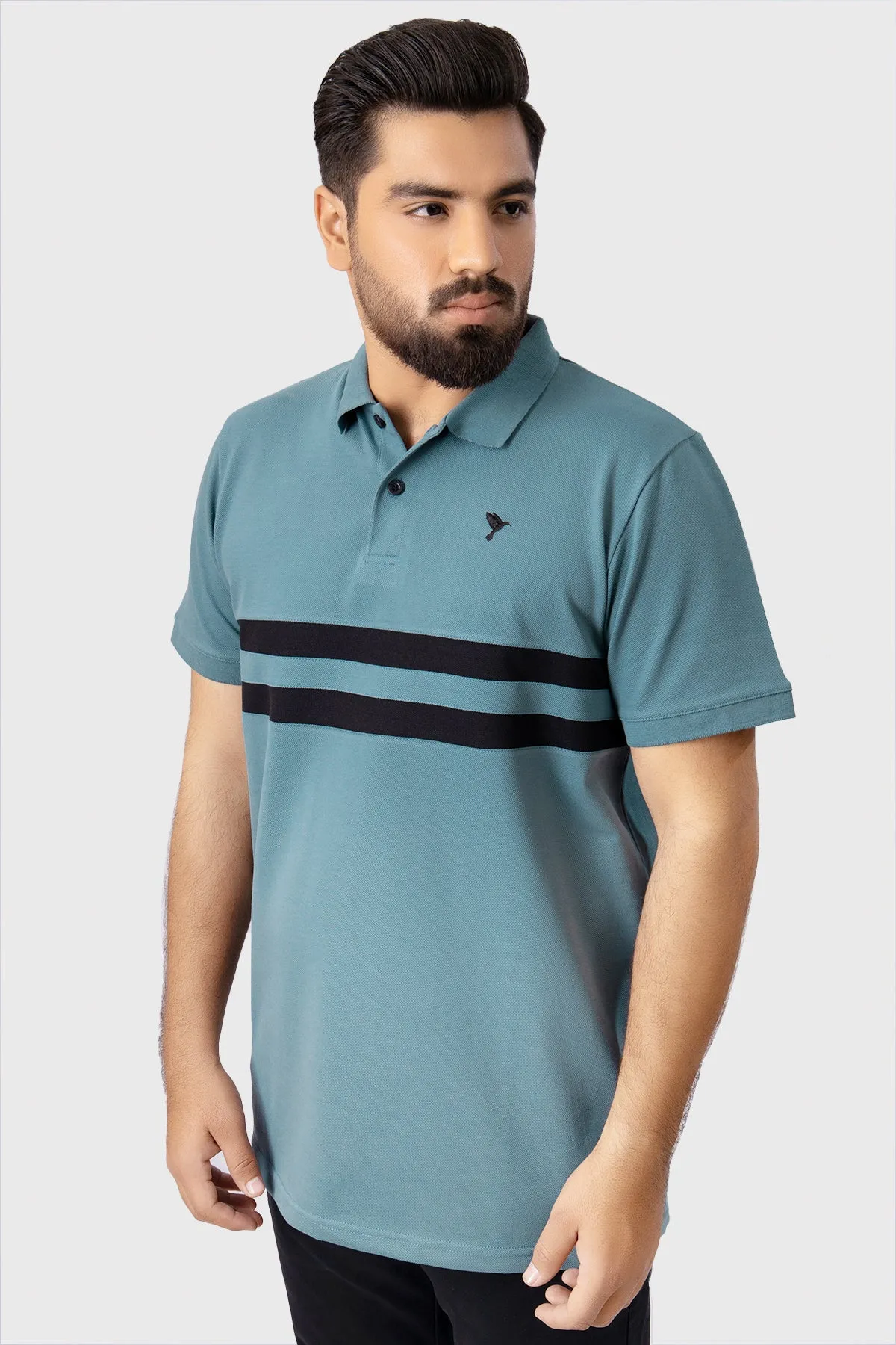 Stormy Blue Contrast Panelled Embroidered Polo Shirt (Plus Size) - A23 - MP0208P