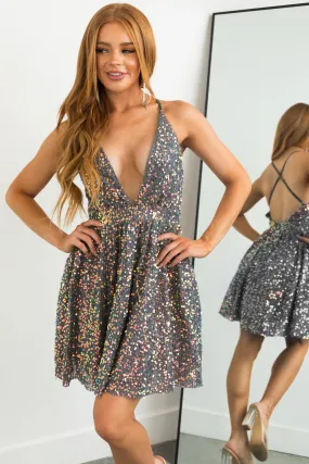 Stormy Grey Sequin Deep V Neck Mini Dress