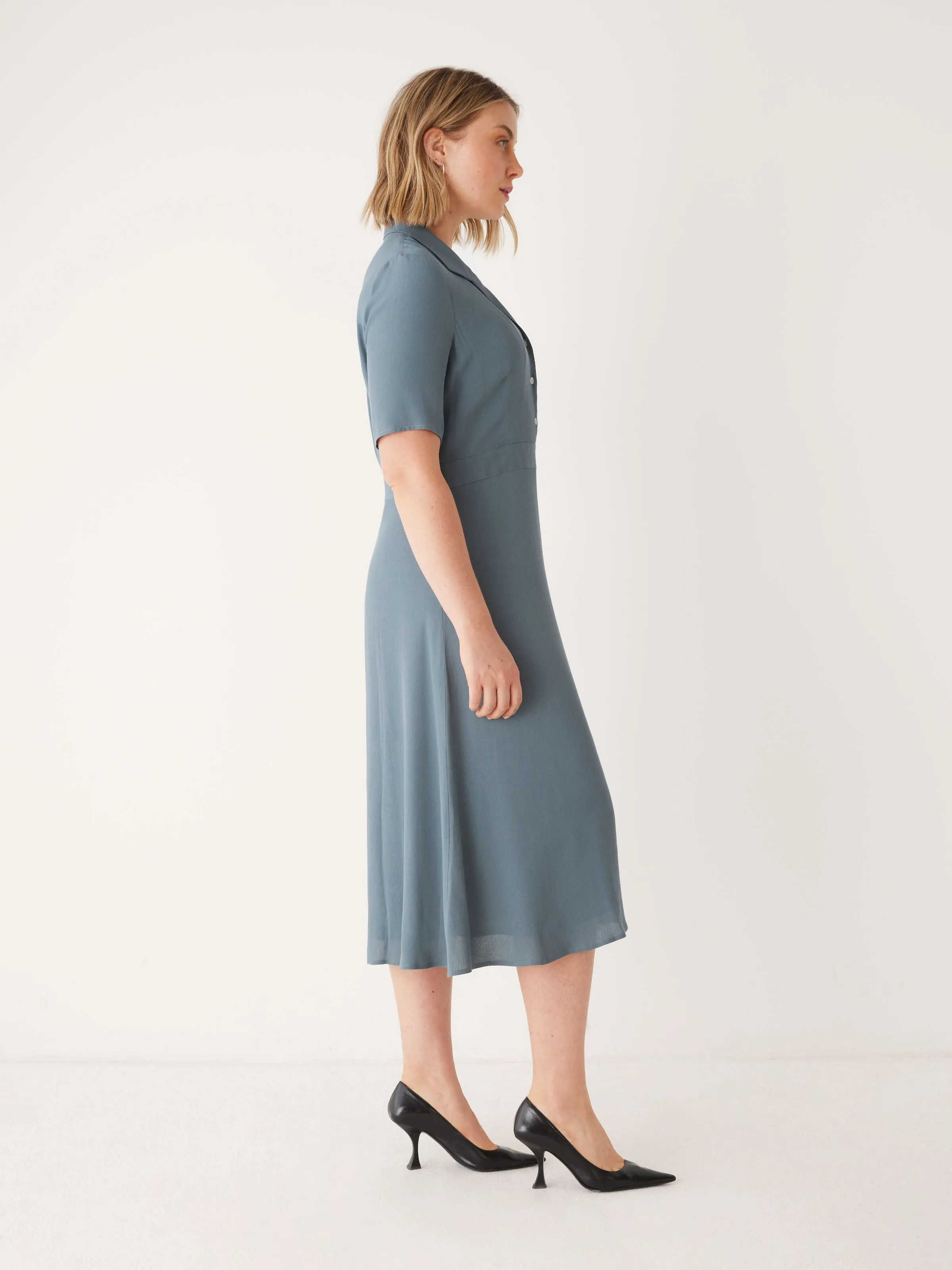 The Fluid Poet Collar Long Dress in Stormy Blue