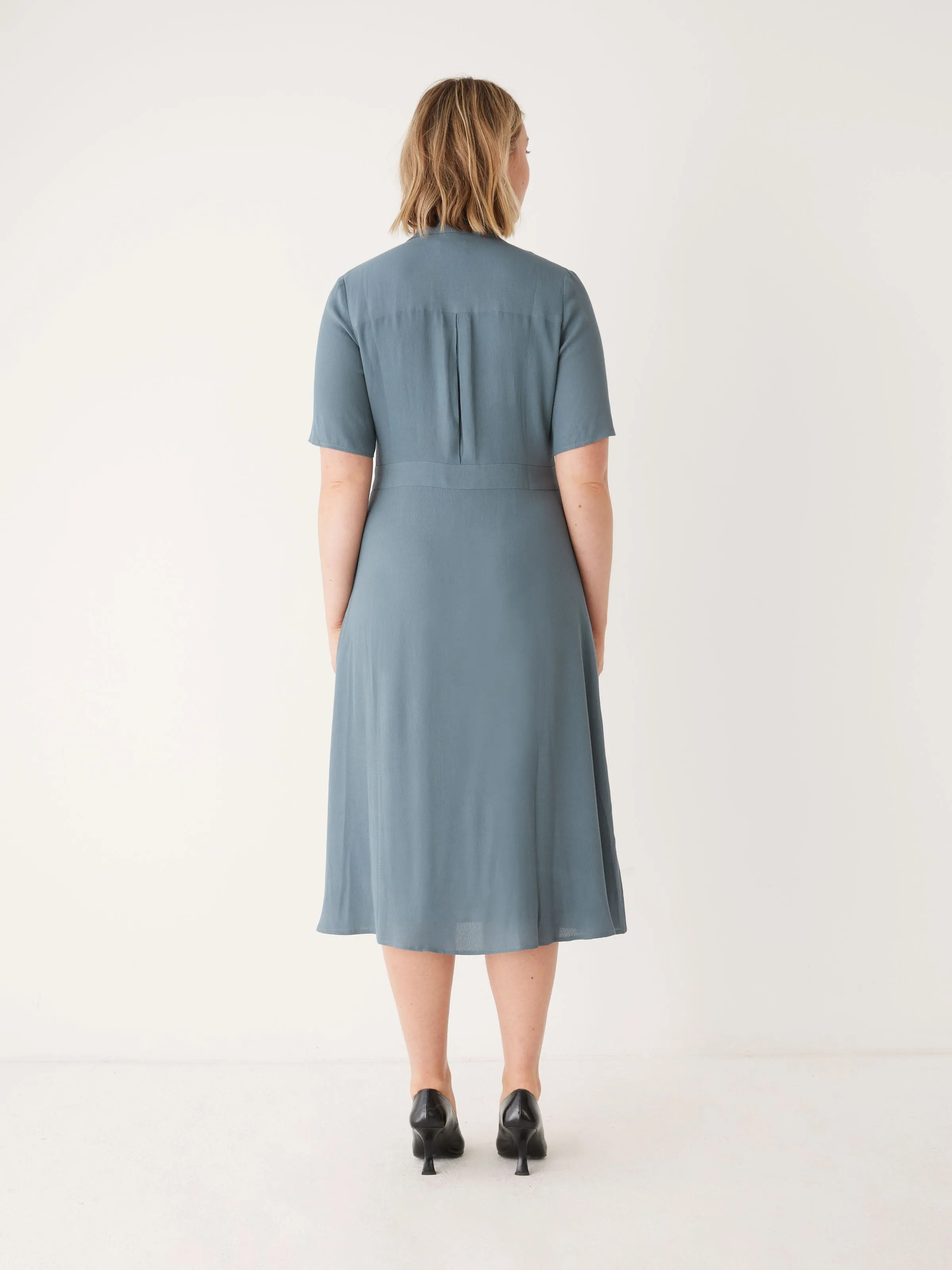 The Fluid Poet Collar Long Dress in Stormy Blue