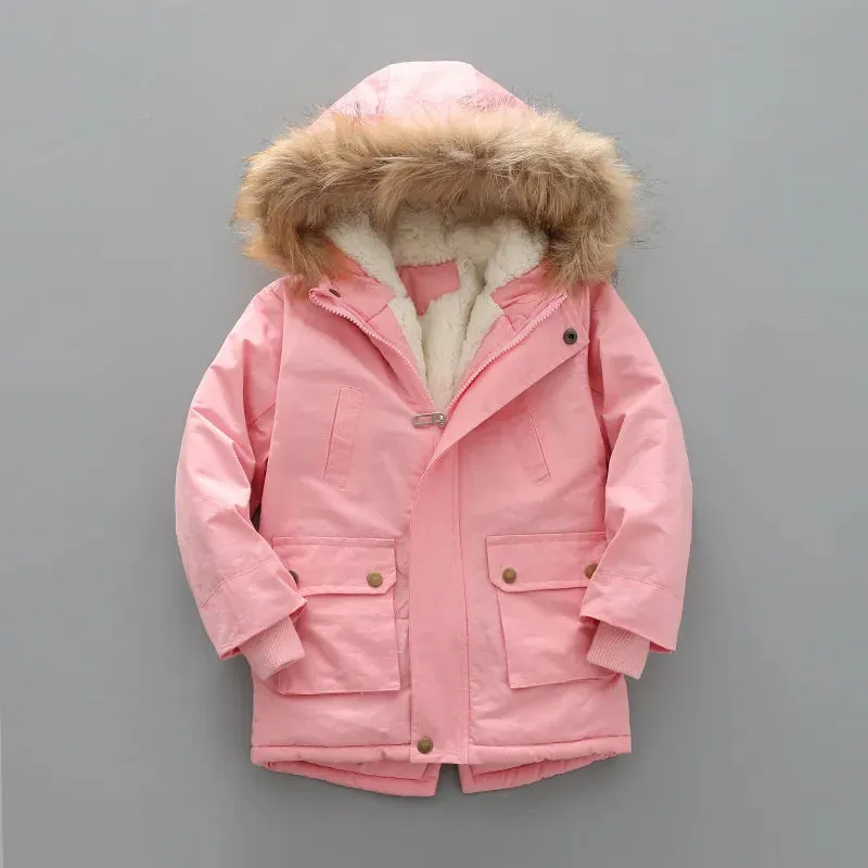 Trendy Kids' Hooded Winter Coat with Faux Fur Trim & Fleece Lining