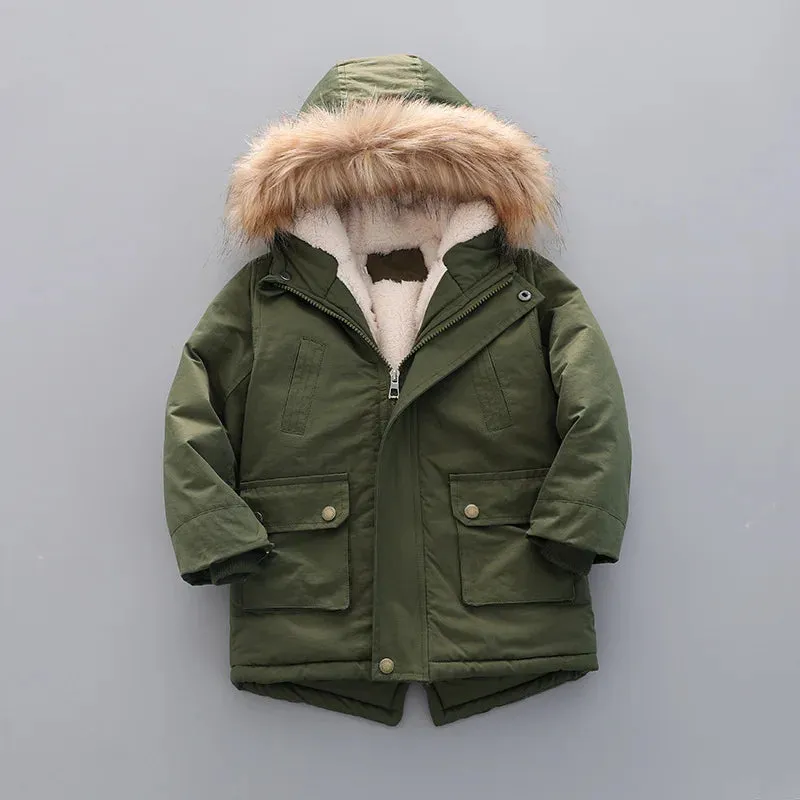 Trendy Kids' Hooded Winter Coat with Faux Fur Trim & Fleece Lining