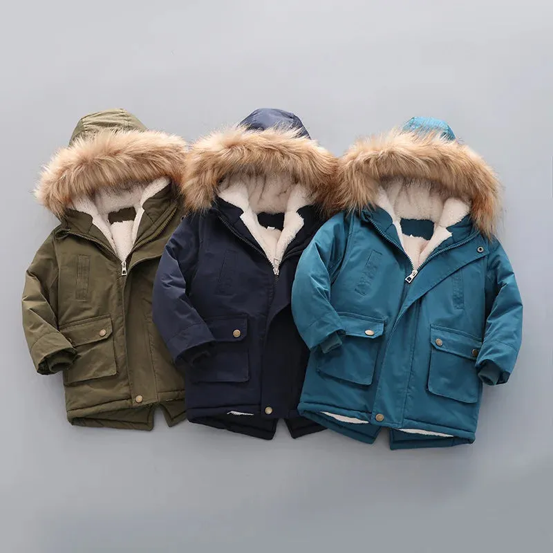 Trendy Kids' Hooded Winter Coat with Faux Fur Trim & Fleece Lining