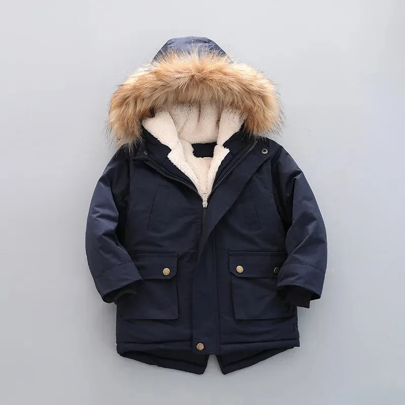 Trendy Kids' Hooded Winter Coat with Faux Fur Trim & Fleece Lining