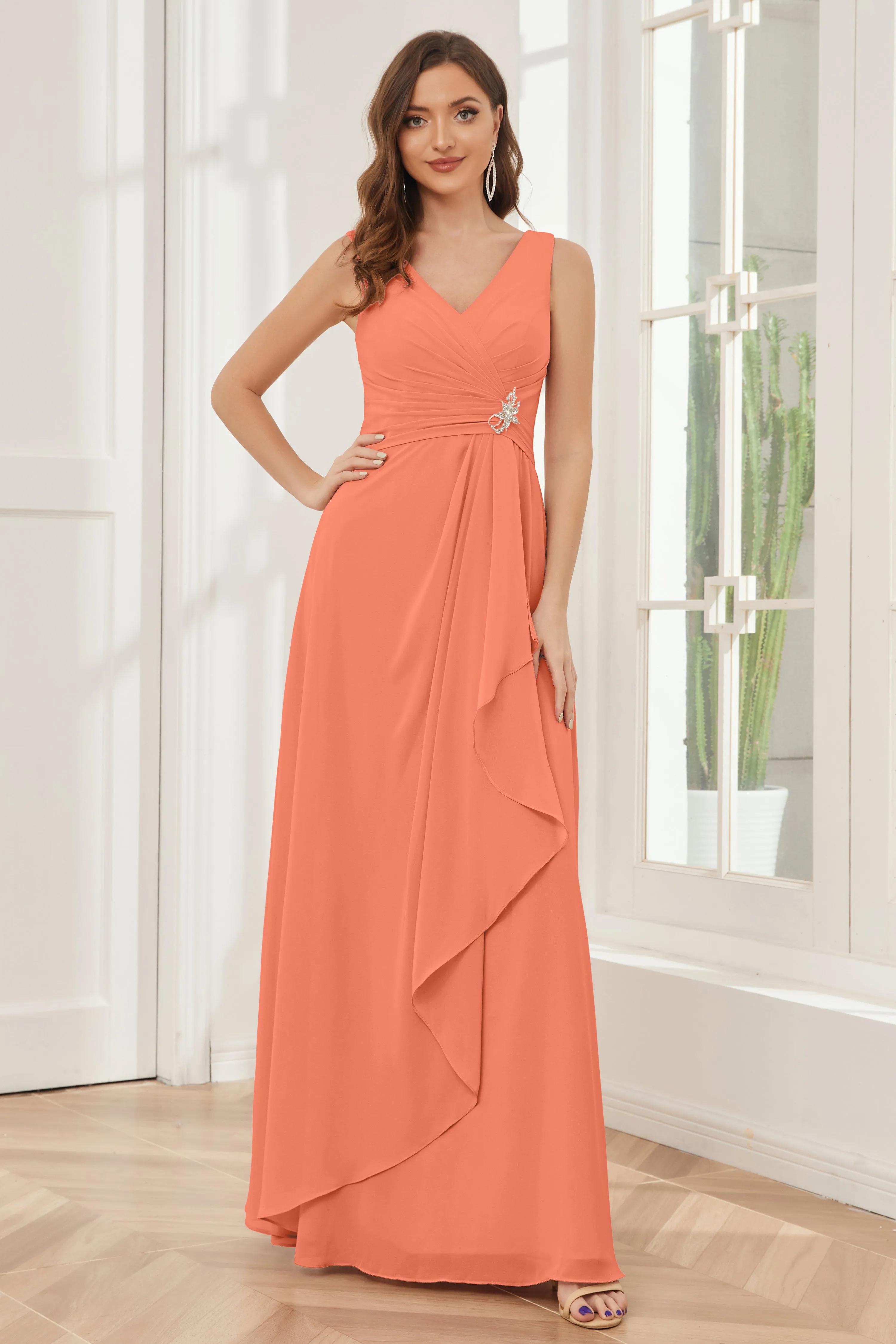 V-neck Pleats Ruffles Chiffon Bridesmaid Dresses