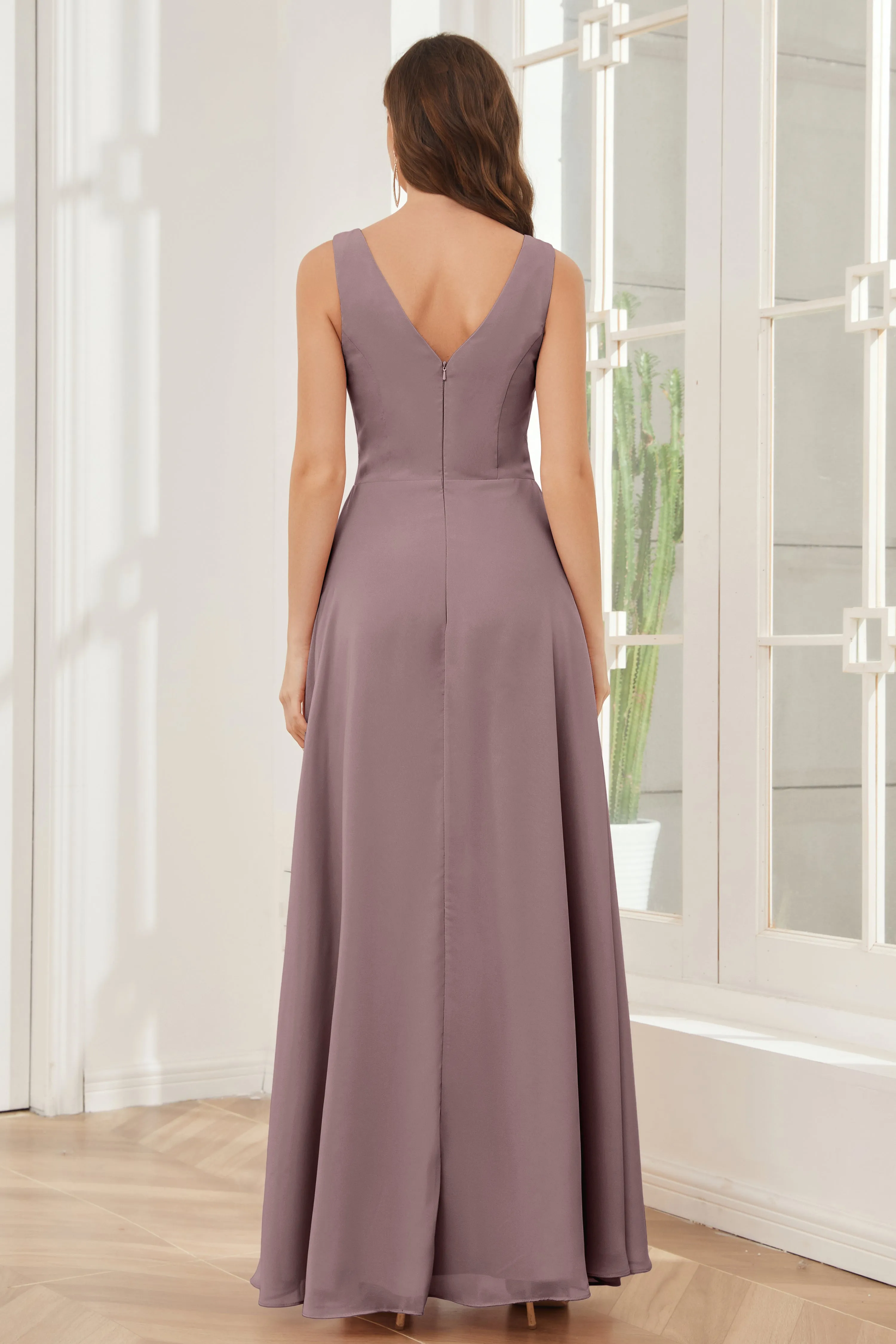 V-neck Pleats Ruffles Chiffon Bridesmaid Dresses