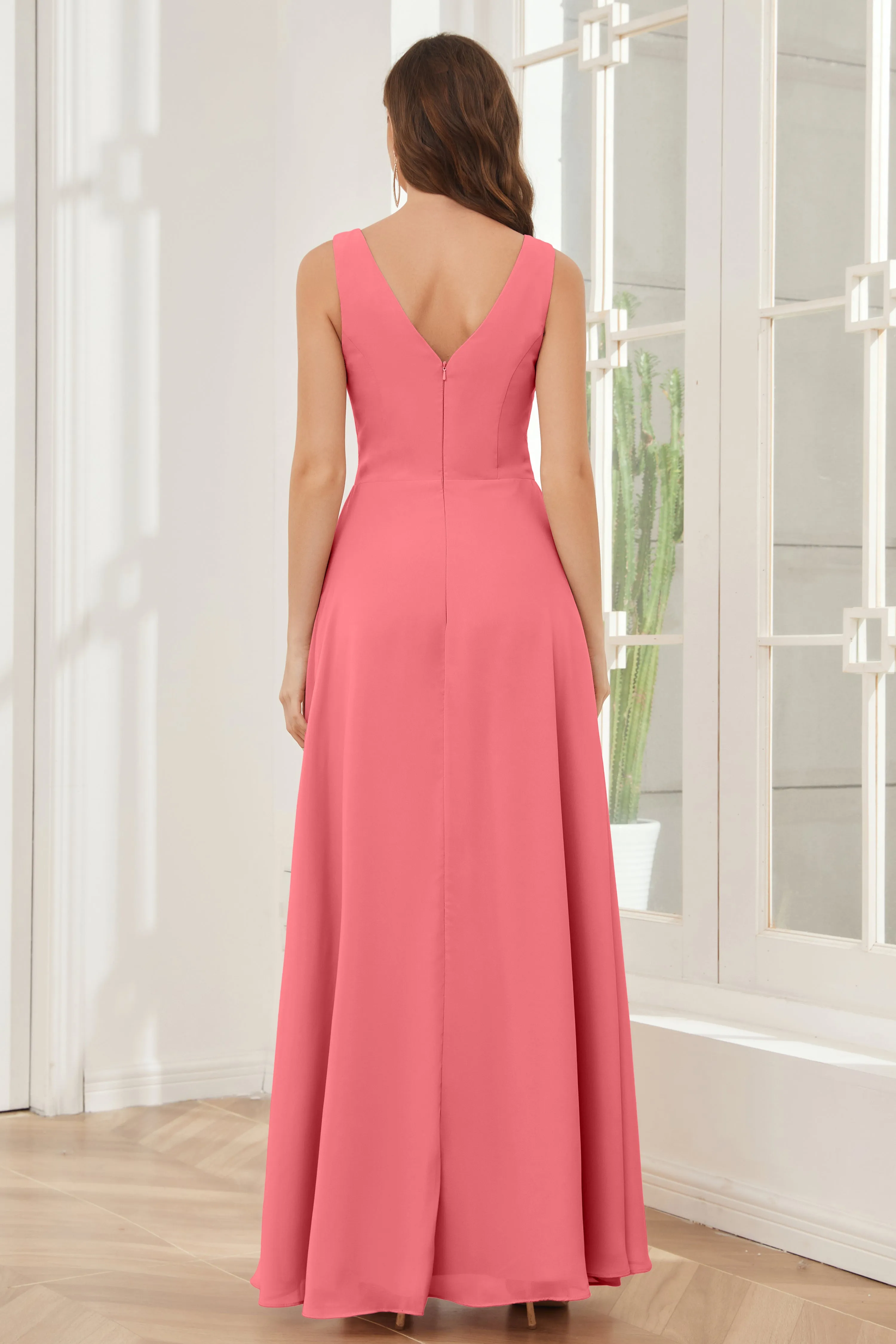 V-neck Pleats Ruffles Chiffon Bridesmaid Dresses