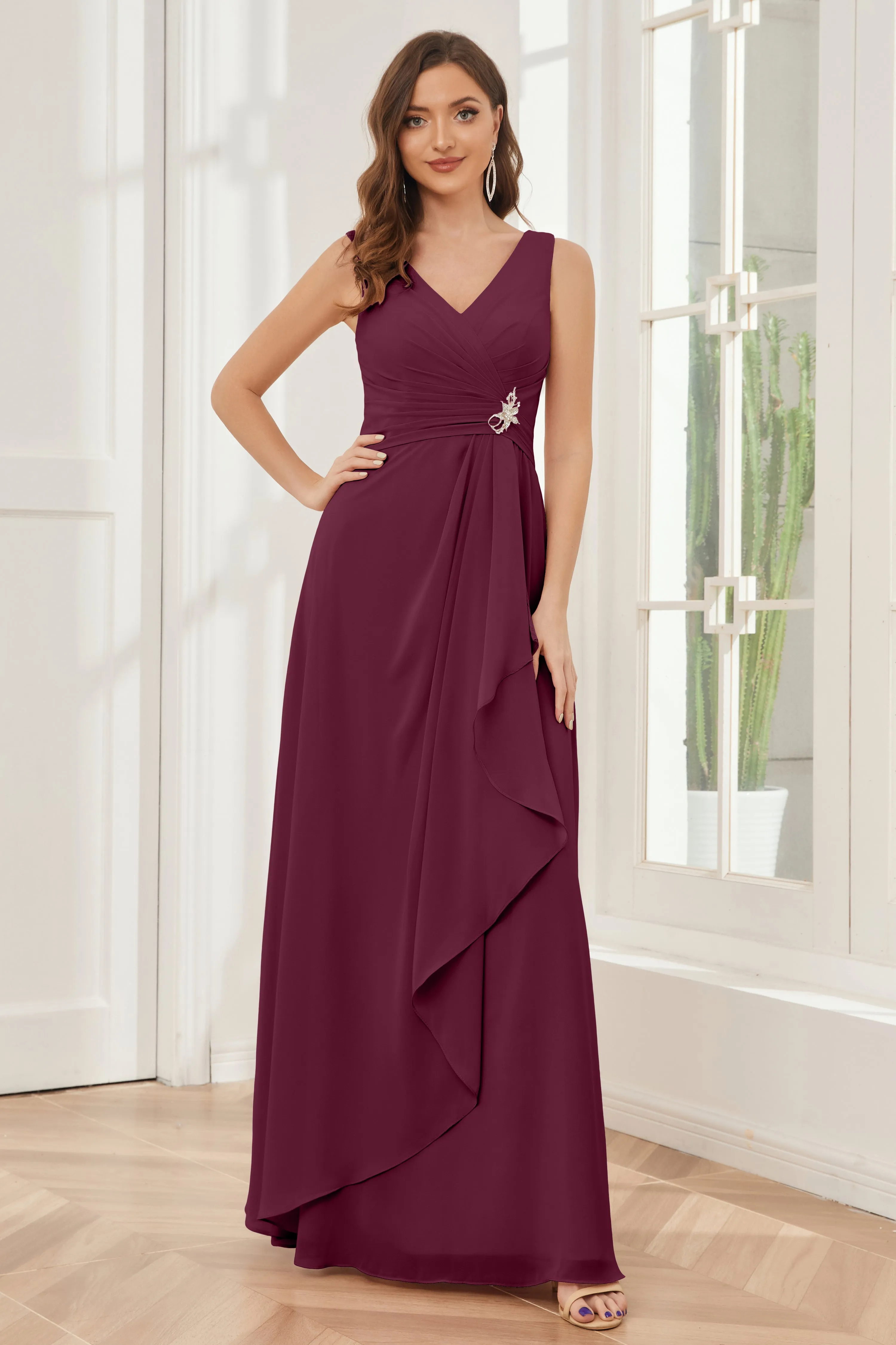 V-neck Pleats Ruffles Chiffon Bridesmaid Dresses