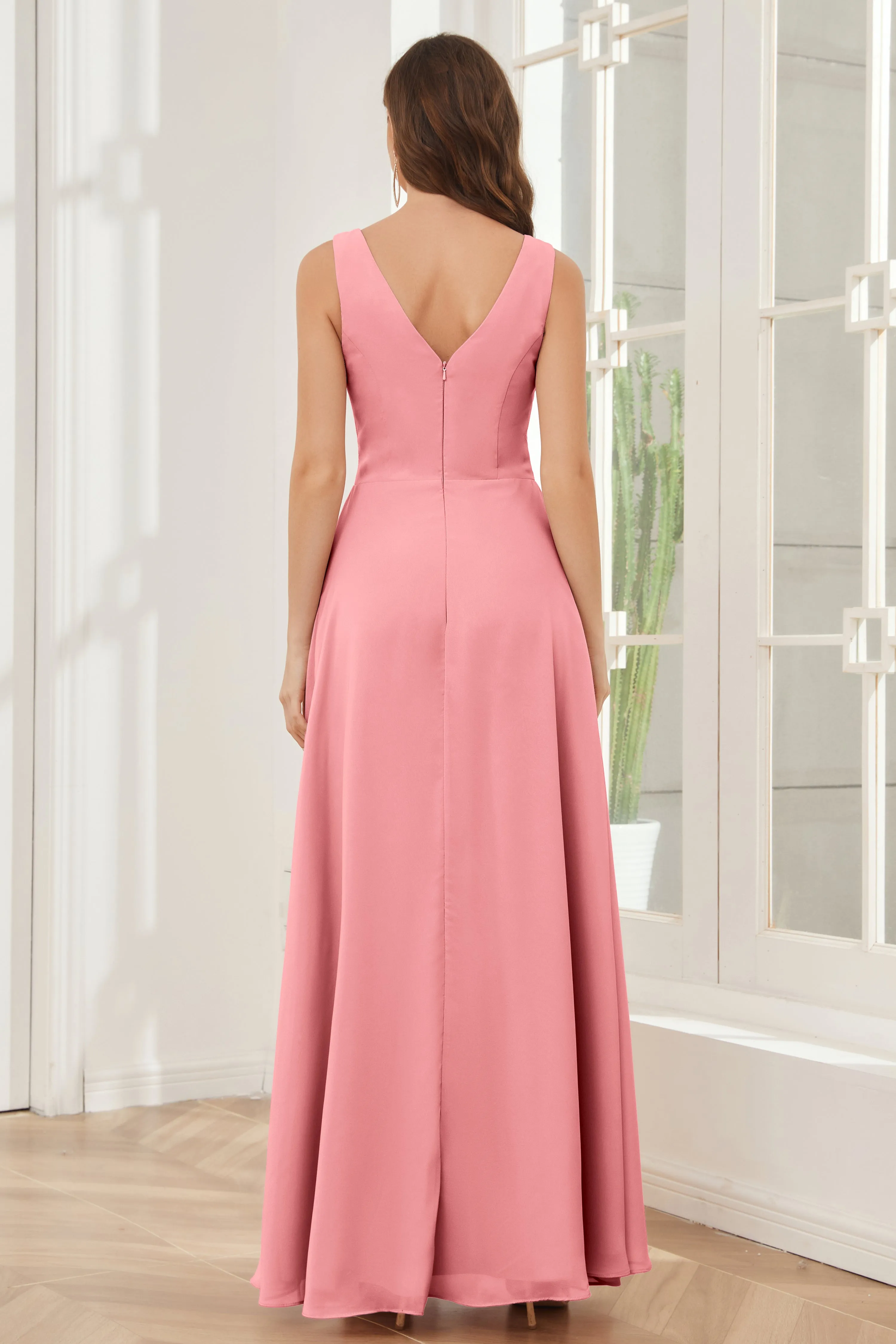 V-neck Pleats Ruffles Chiffon Bridesmaid Dresses