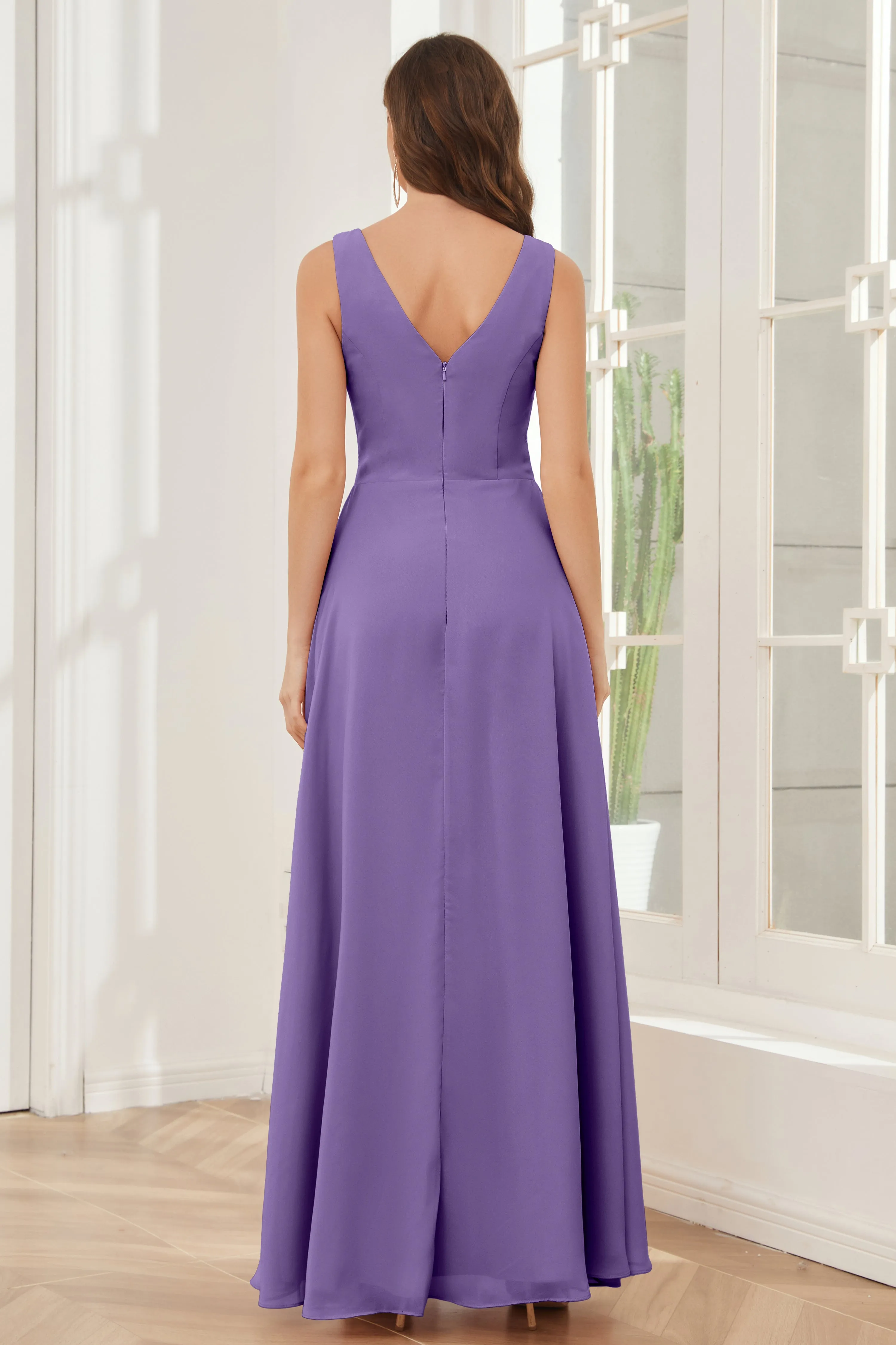 V-neck Pleats Ruffles Chiffon Bridesmaid Dresses