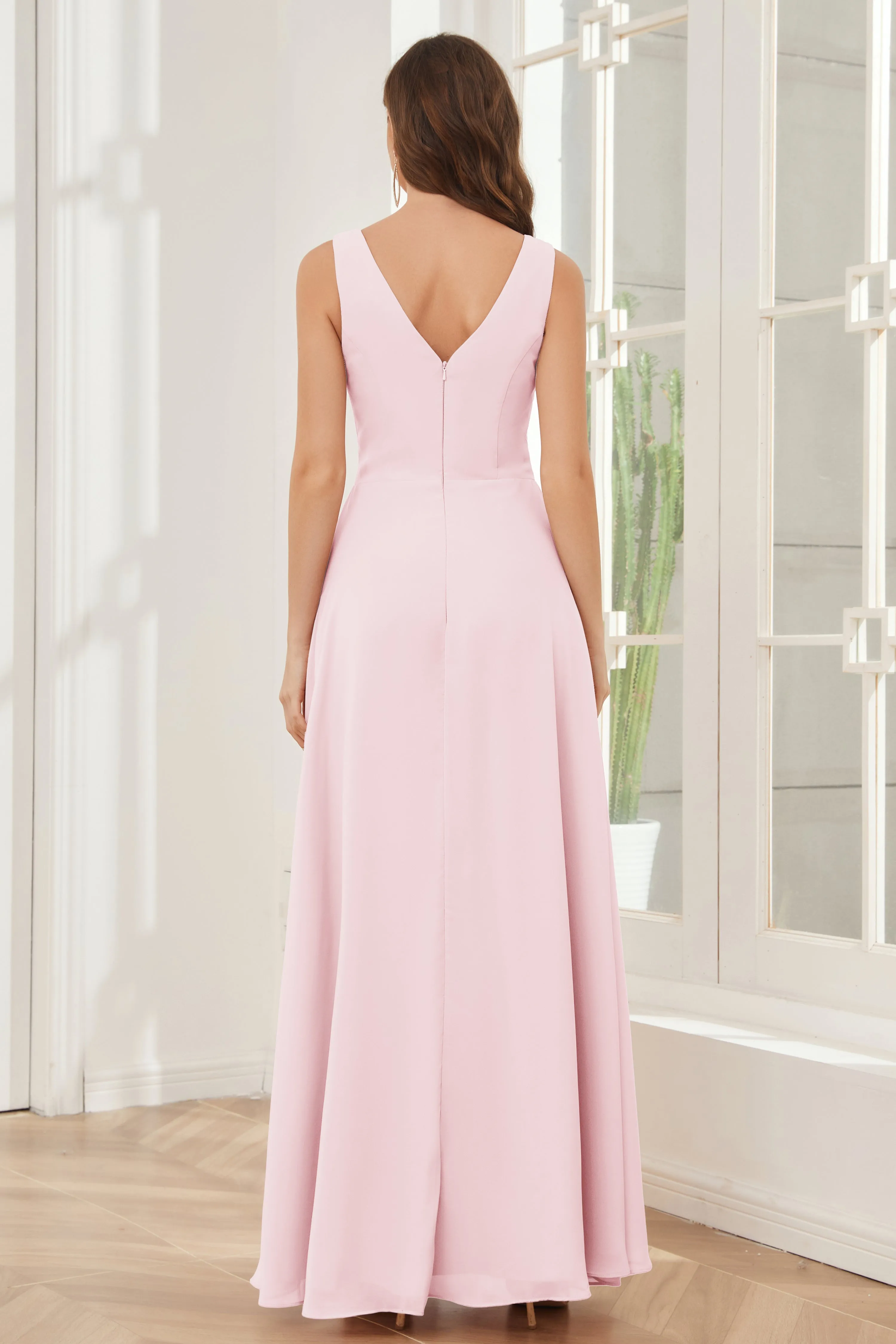 V-neck Pleats Ruffles Chiffon Bridesmaid Dresses