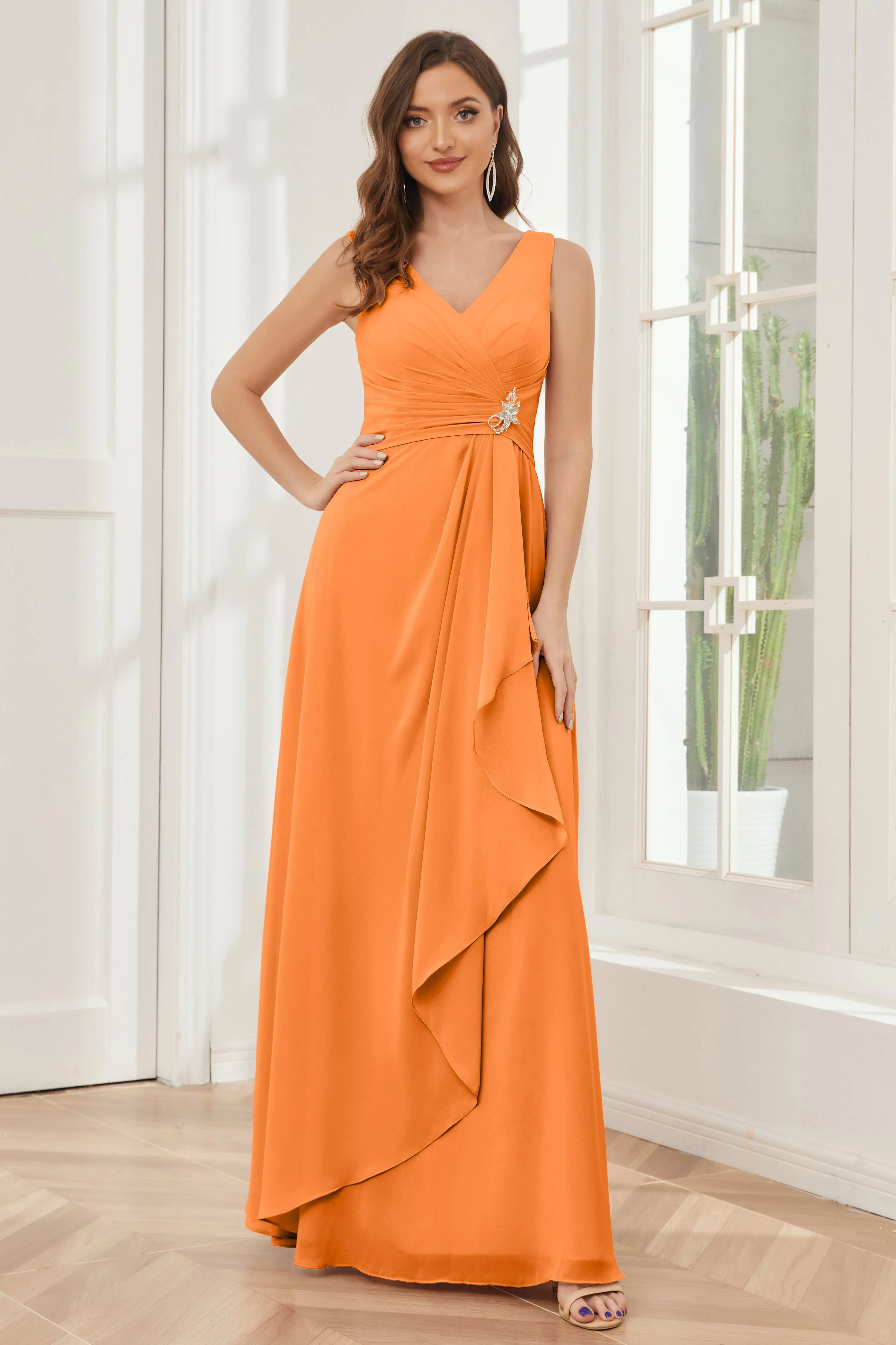 V-neck Pleats Ruffles Chiffon Bridesmaid Dresses