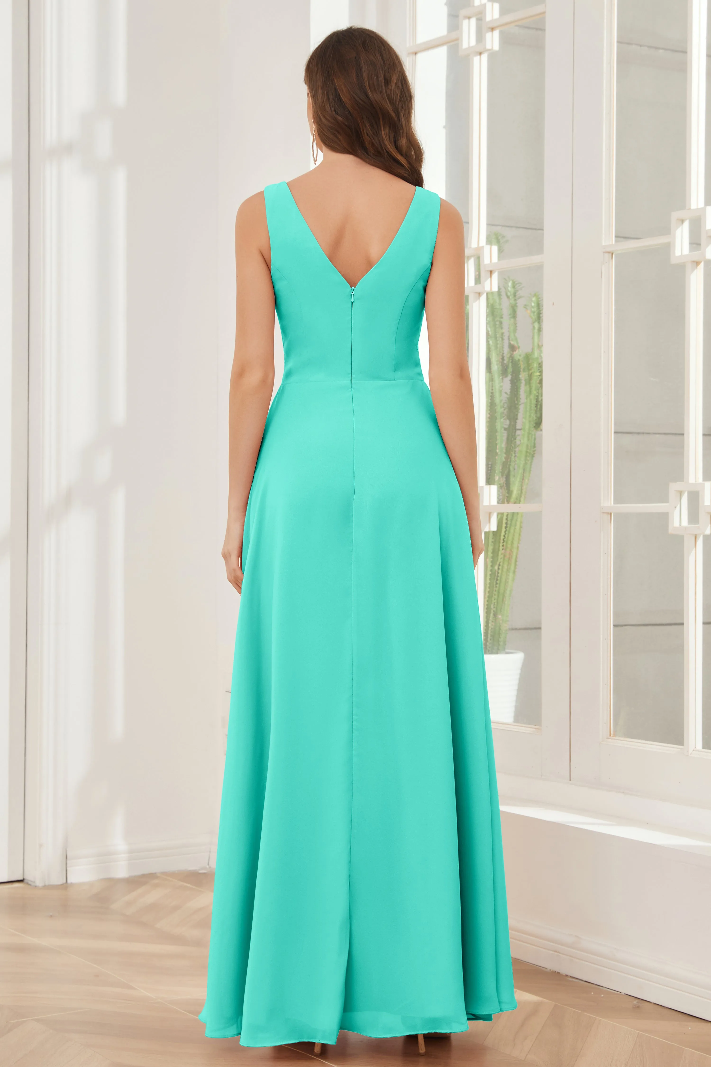 V-neck Pleats Ruffles Chiffon Bridesmaid Dresses