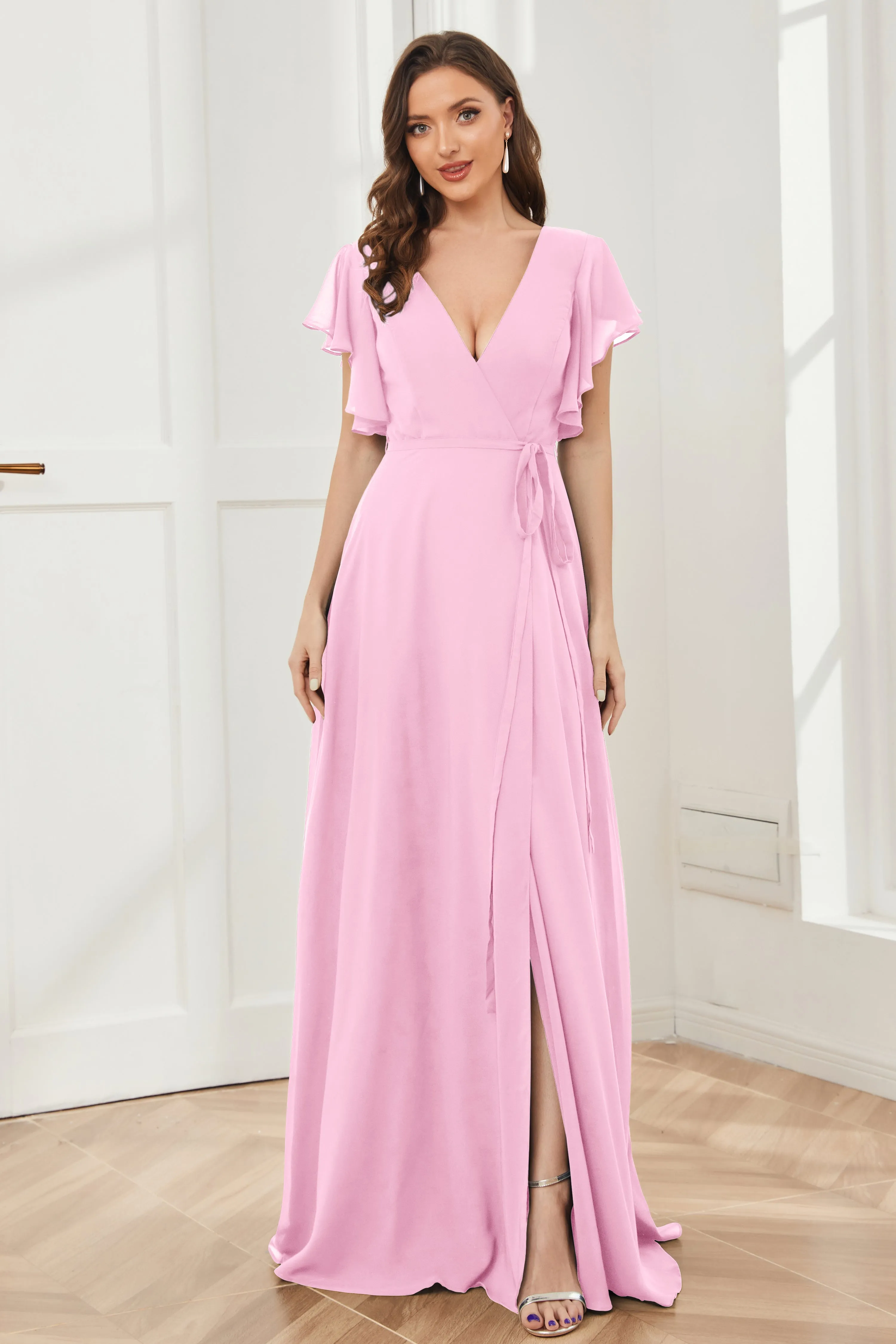 V-neck Ruffles Sleeves Chiffon Bridesmaid Dresses with Slit