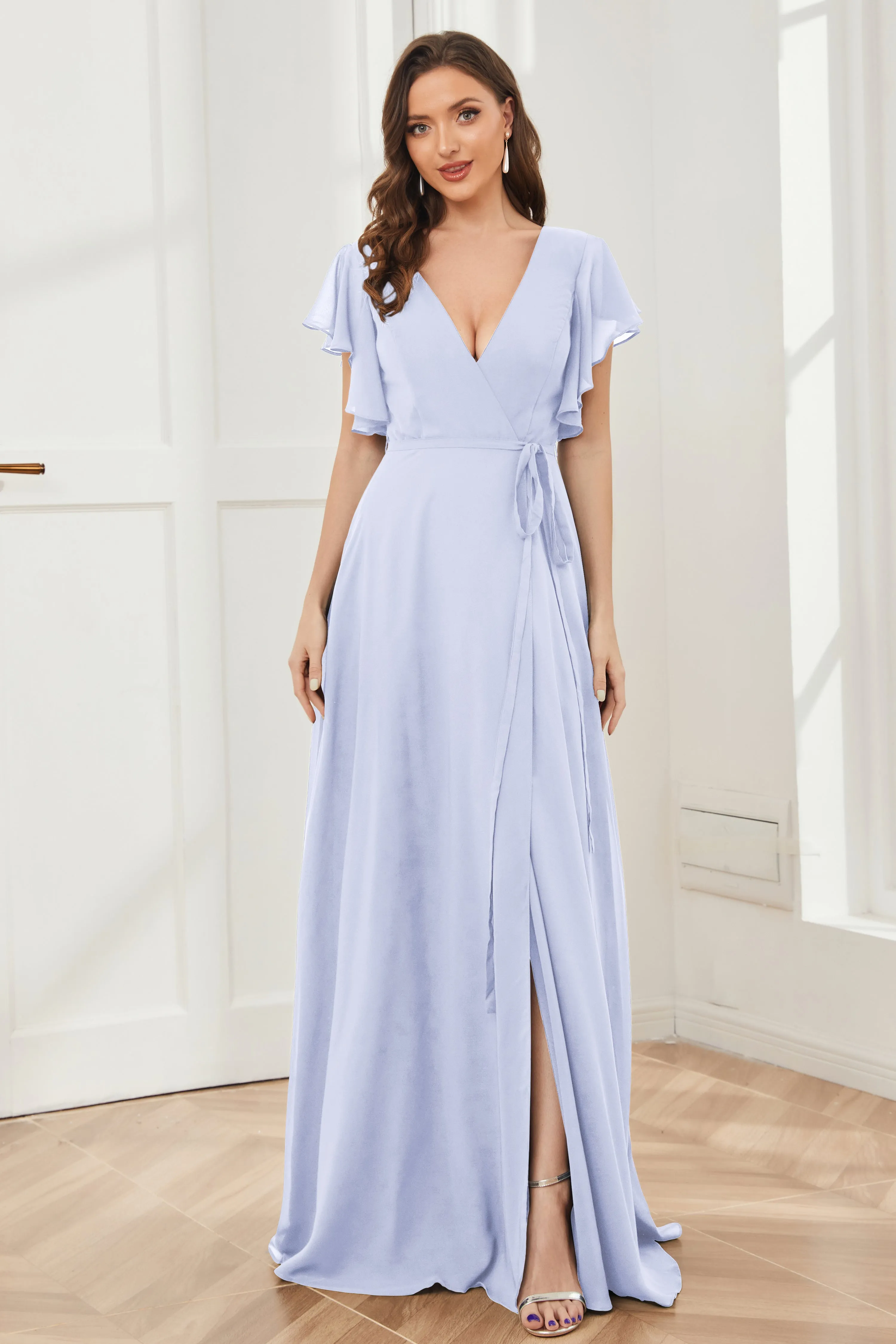 V-neck Ruffles Sleeves Chiffon Bridesmaid Dresses with Slit