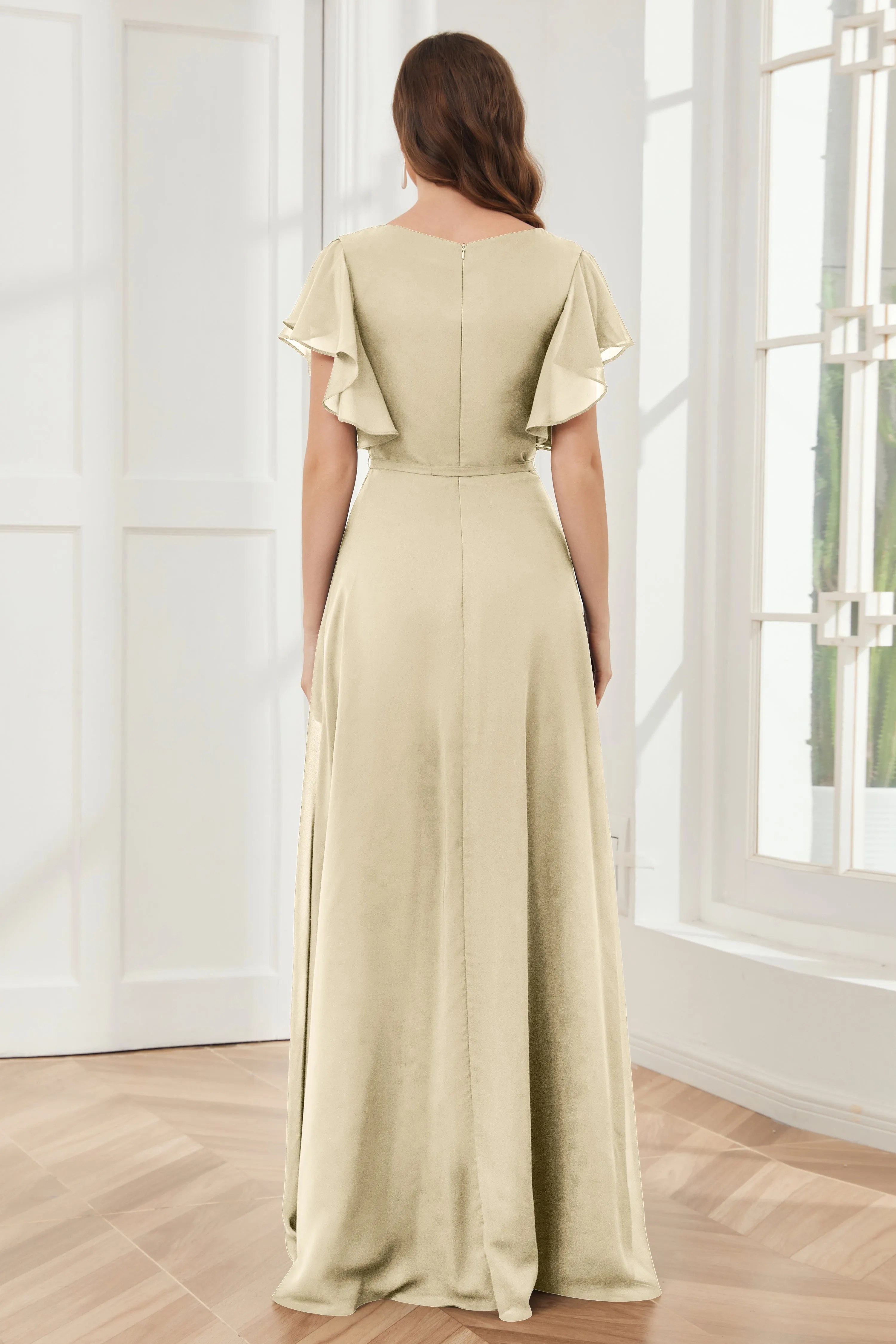 V-neck Ruffles Sleeves Chiffon Bridesmaid Dresses with Slit