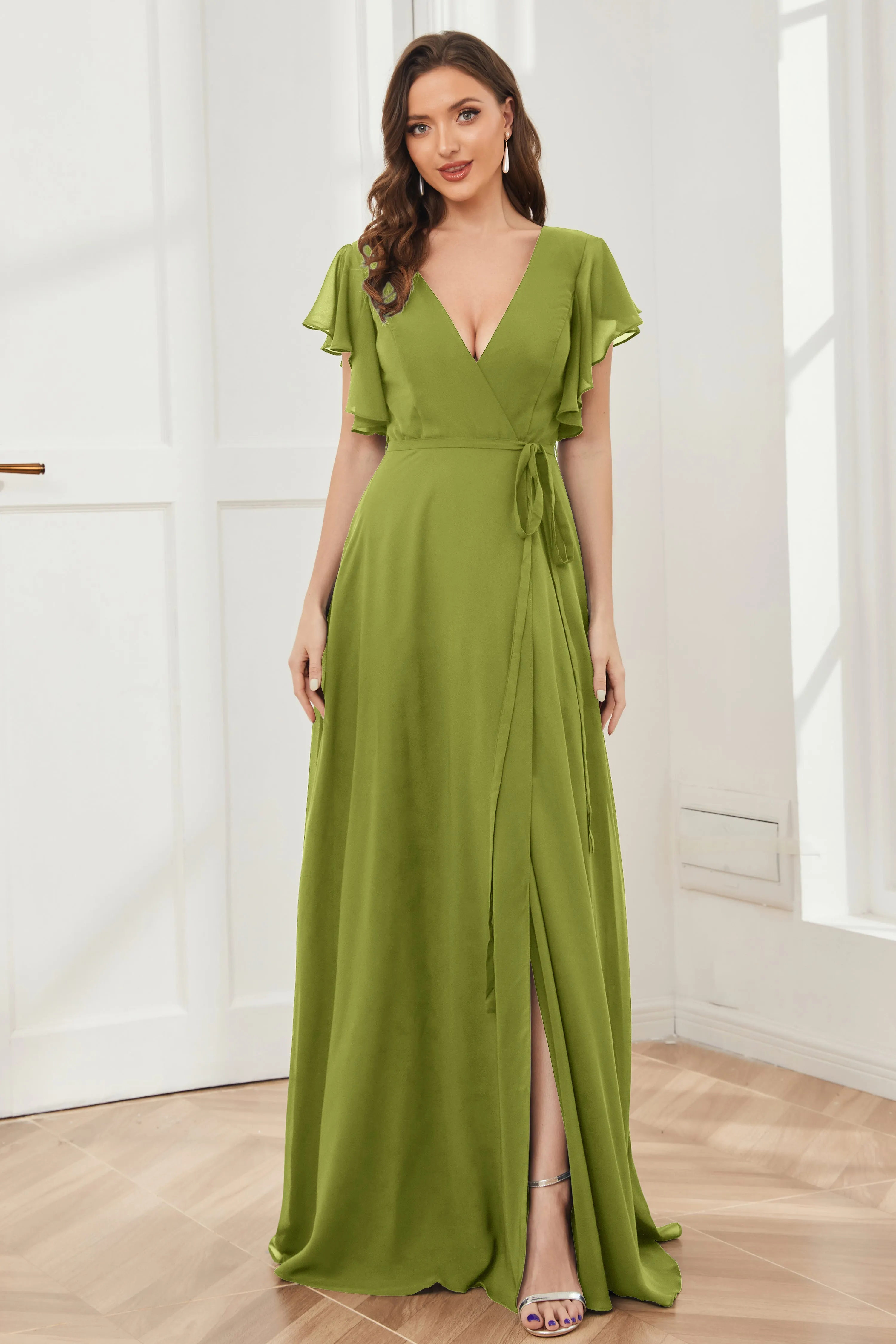 V-neck Ruffles Sleeves Chiffon Bridesmaid Dresses with Slit