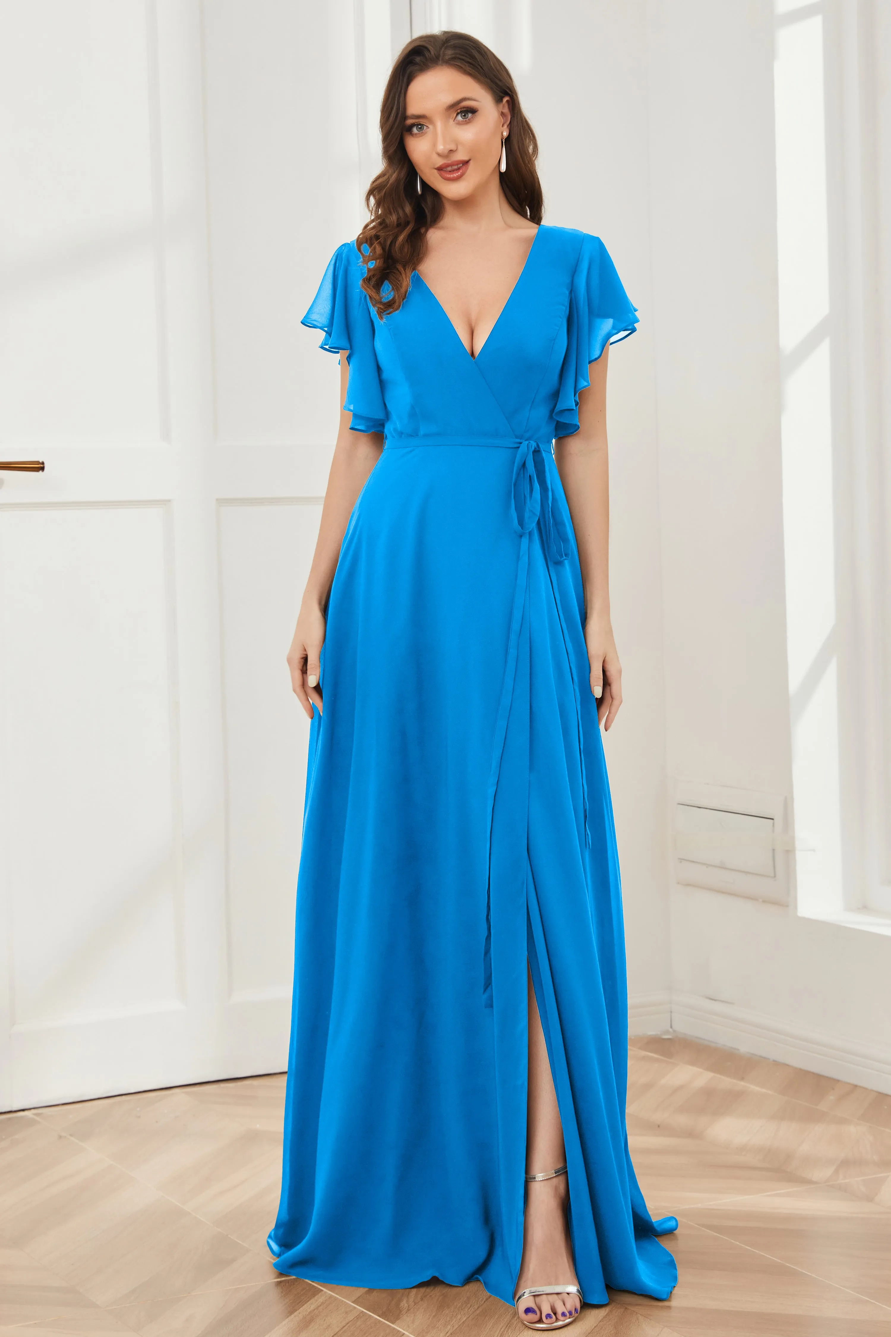 V-neck Ruffles Sleeves Chiffon Bridesmaid Dresses with Slit