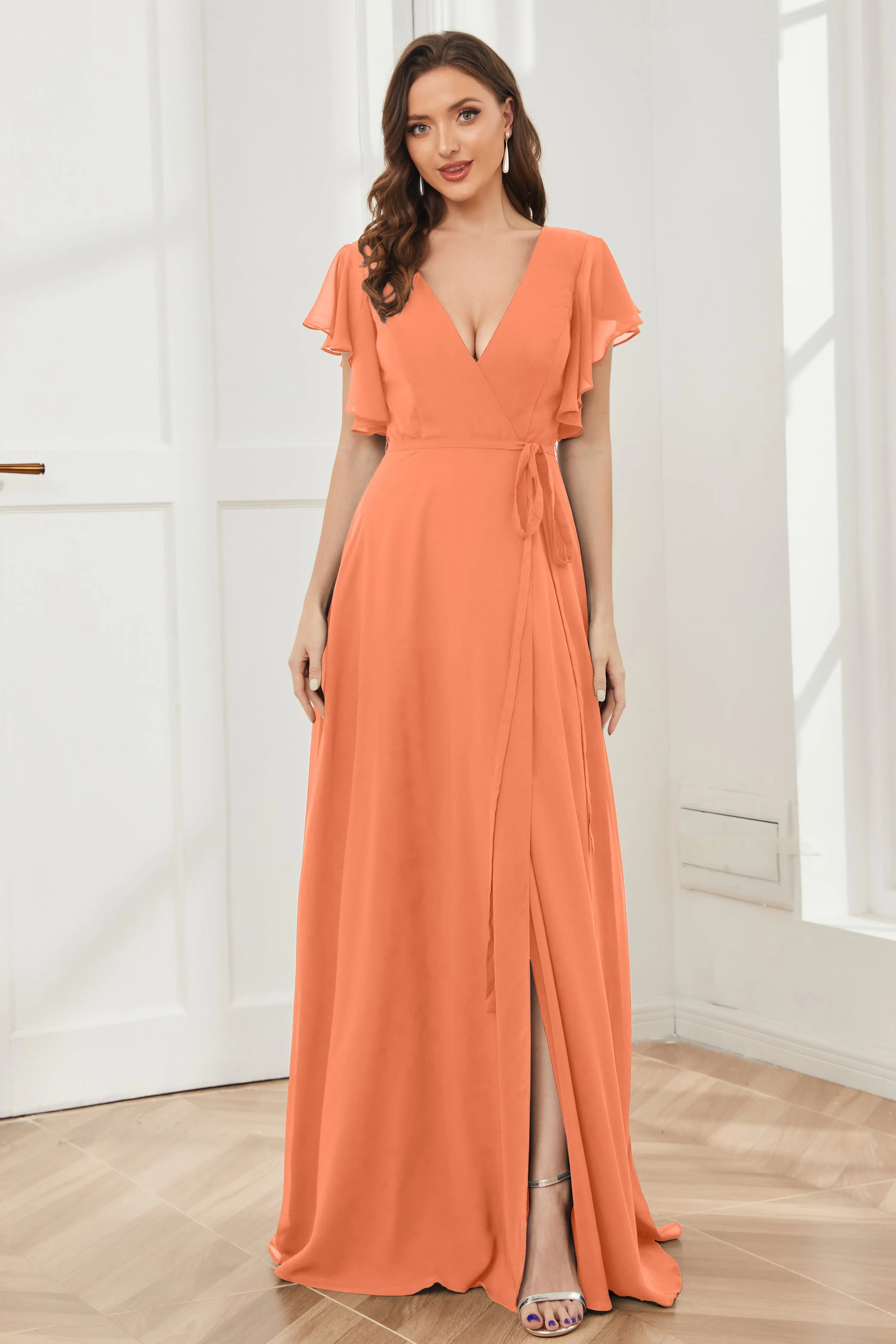 V-neck Ruffles Sleeves Chiffon Bridesmaid Dresses with Slit