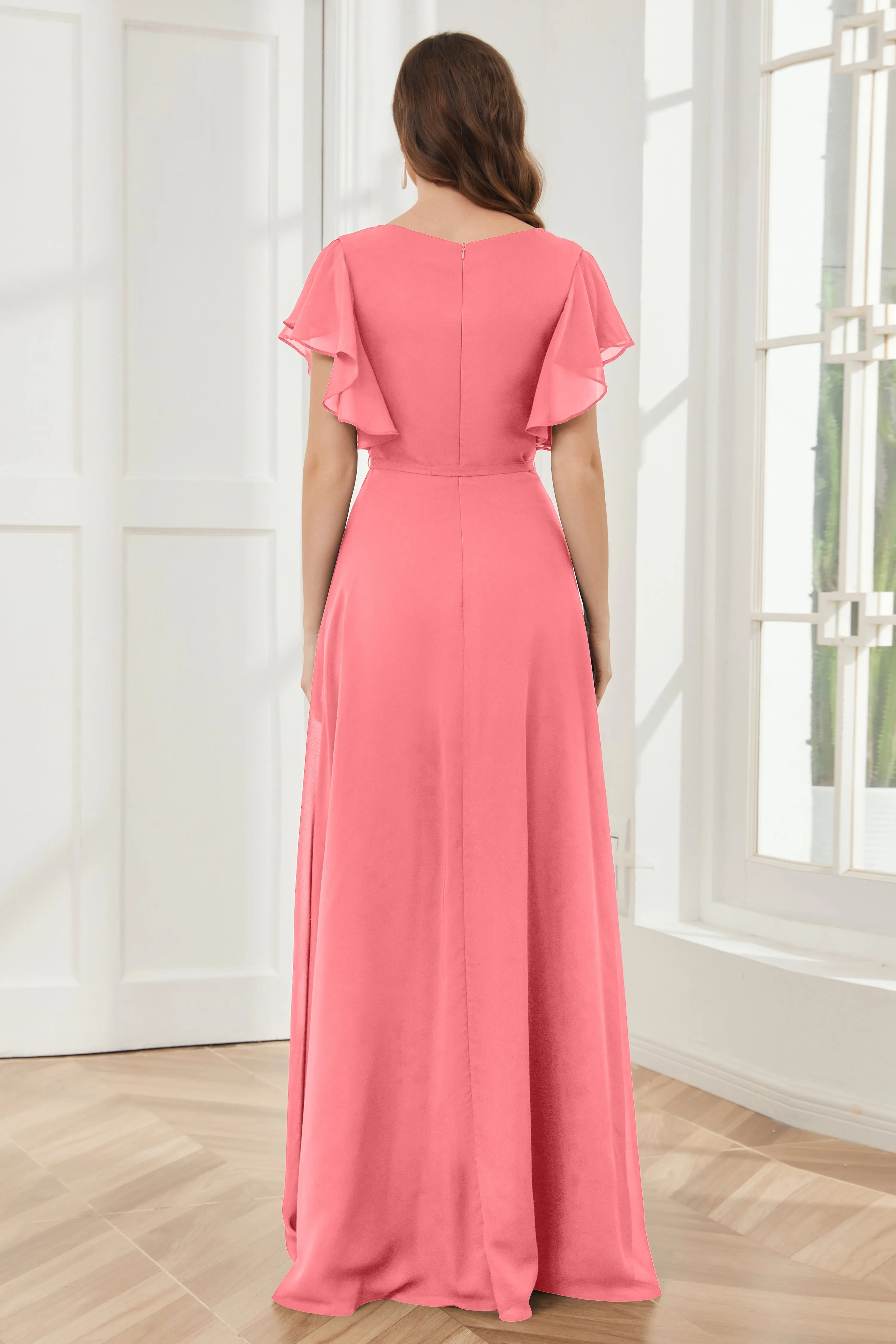 V-neck Ruffles Sleeves Chiffon Bridesmaid Dresses with Slit