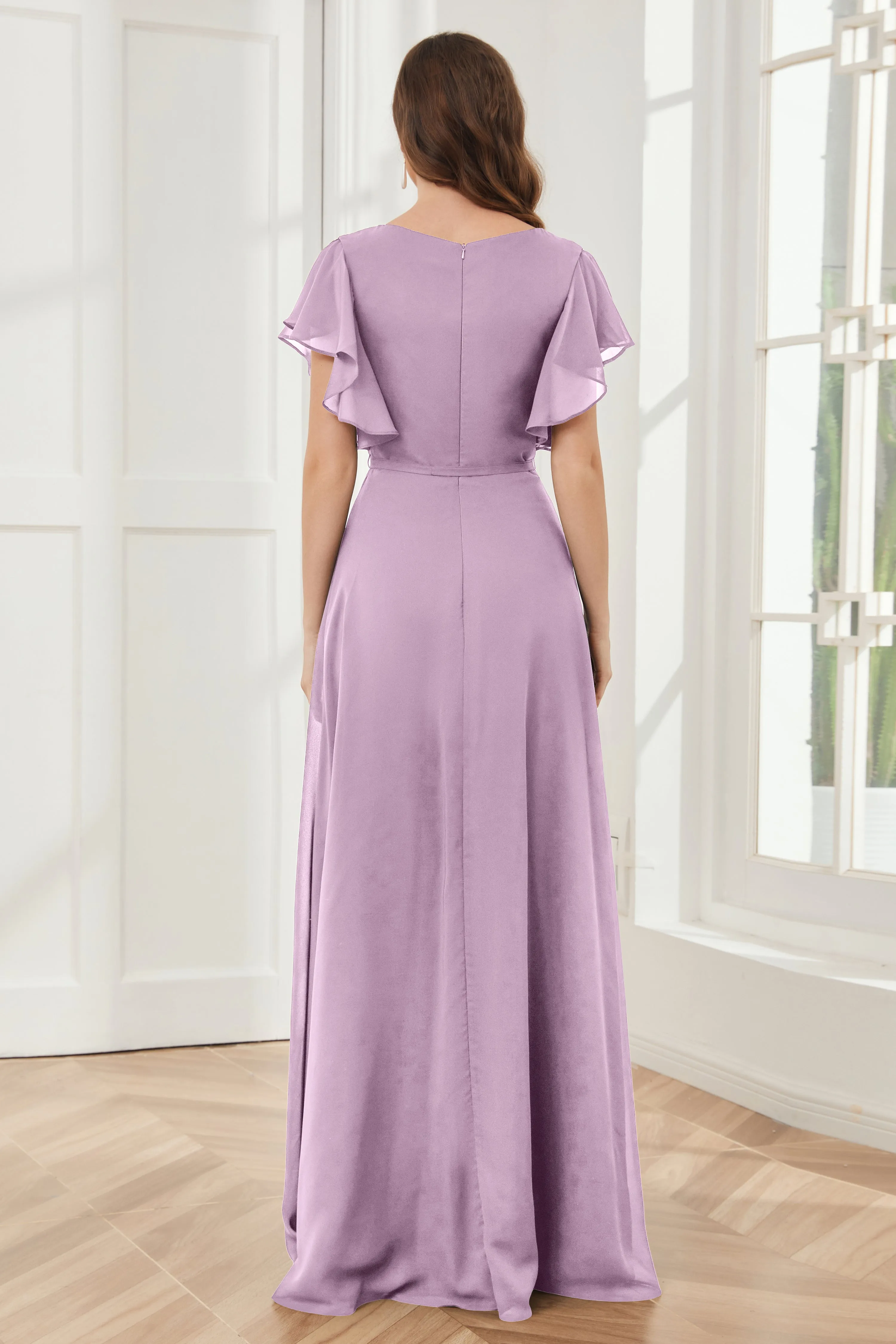 V-neck Ruffles Sleeves Chiffon Bridesmaid Dresses with Slit