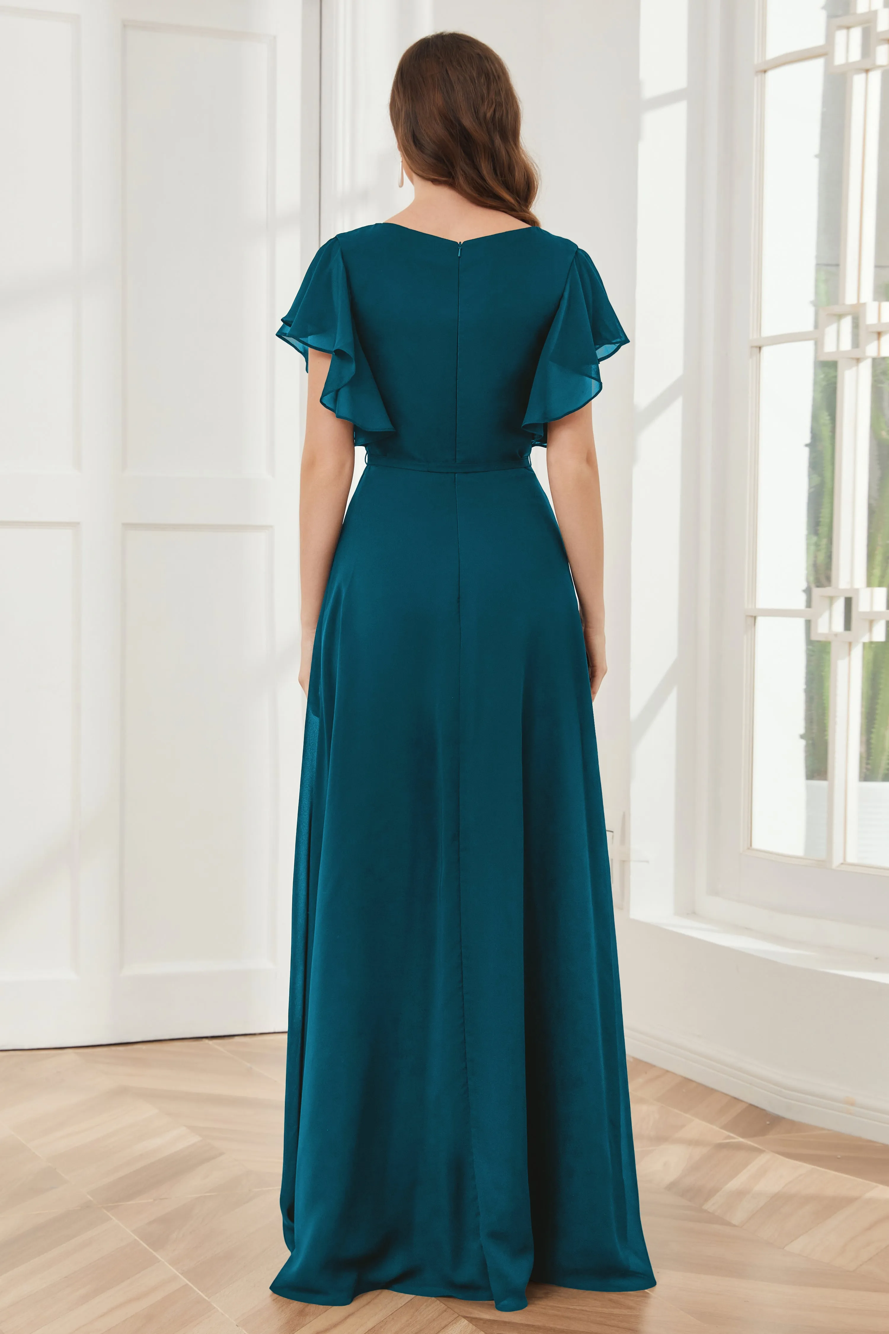 V-neck Ruffles Sleeves Chiffon Bridesmaid Dresses with Slit