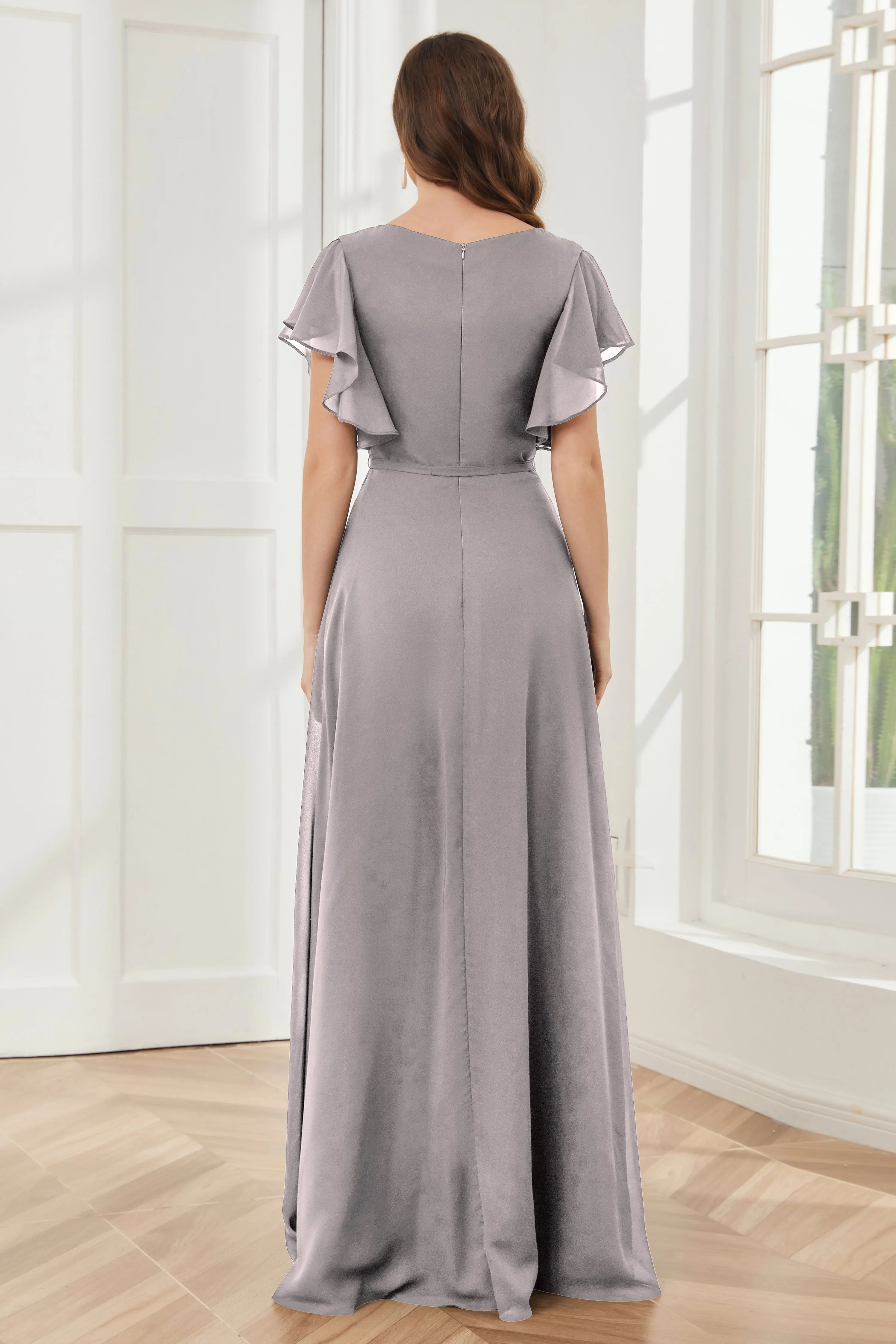 V-neck Ruffles Sleeves Chiffon Bridesmaid Dresses with Slit