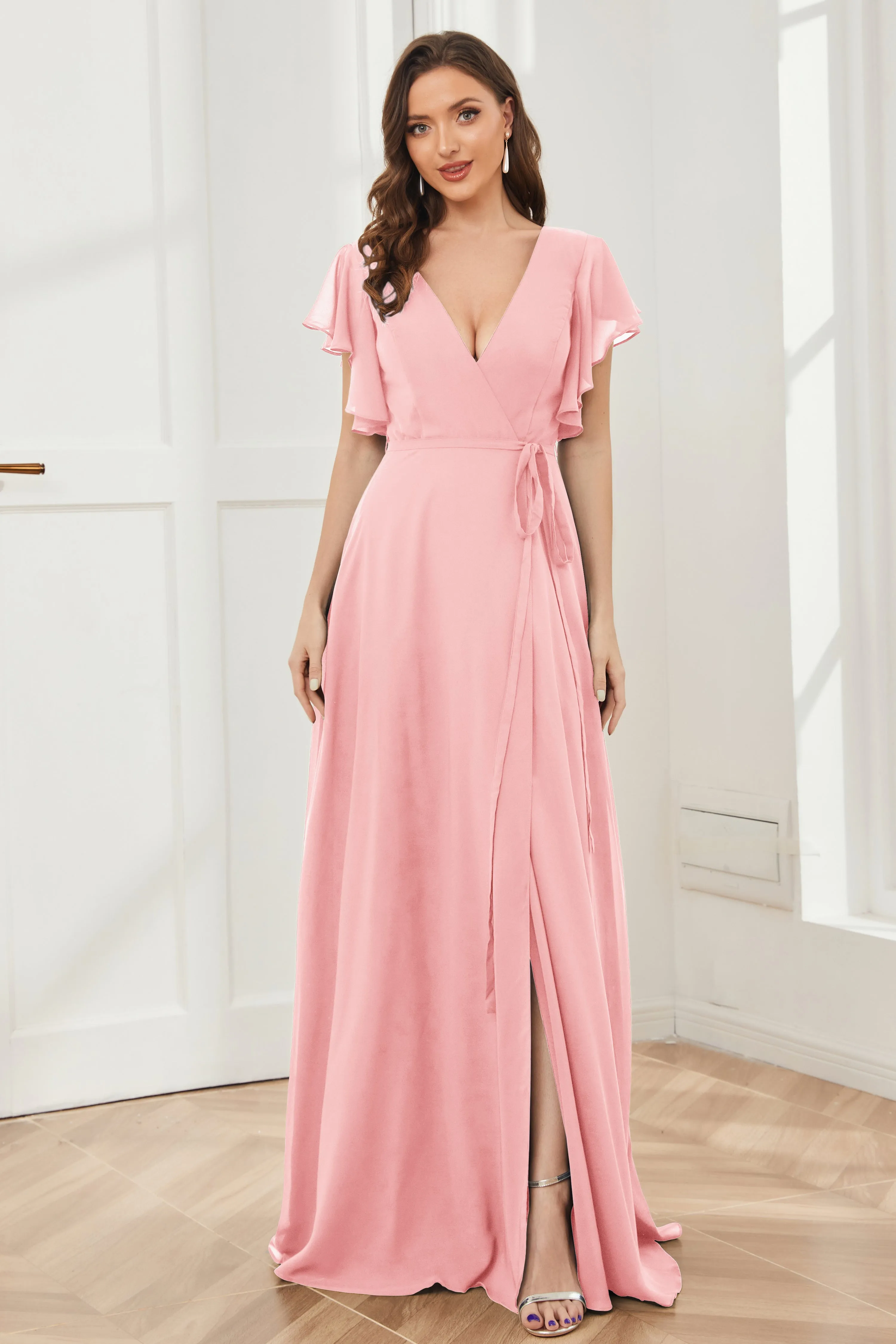 V-neck Ruffles Sleeves Chiffon Bridesmaid Dresses with Slit