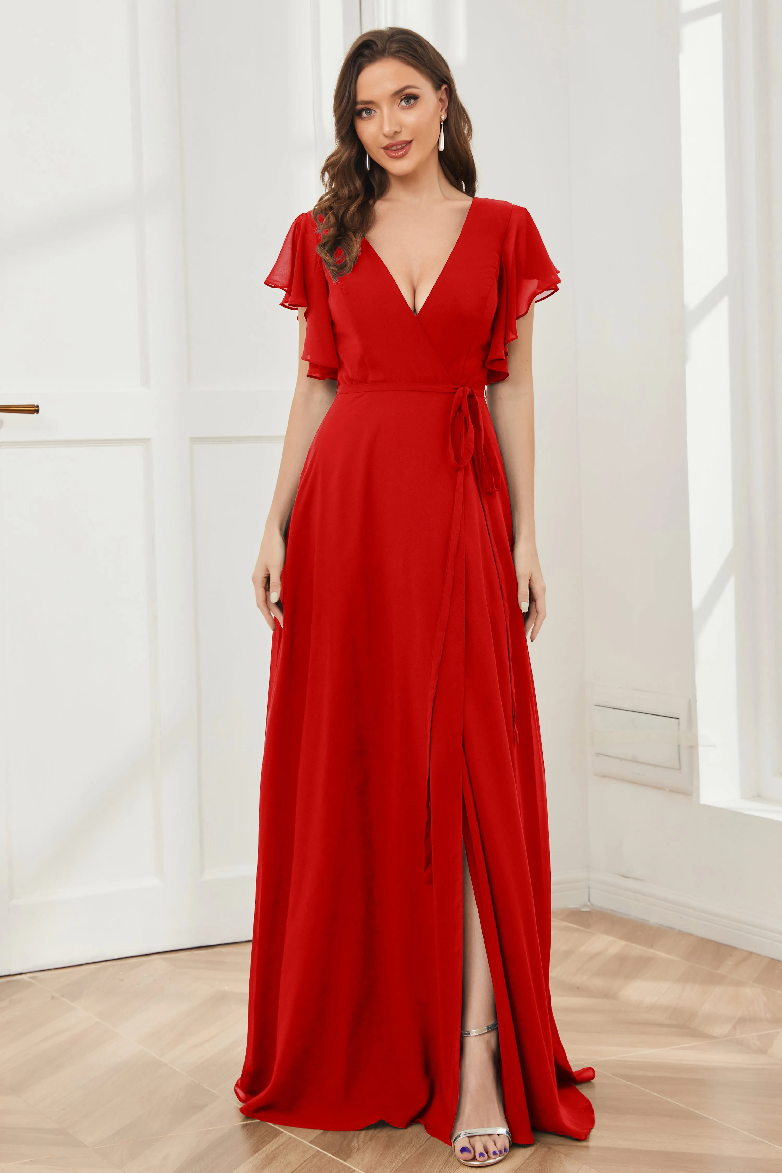 V-neck Ruffles Sleeves Chiffon Bridesmaid Dresses with Slit