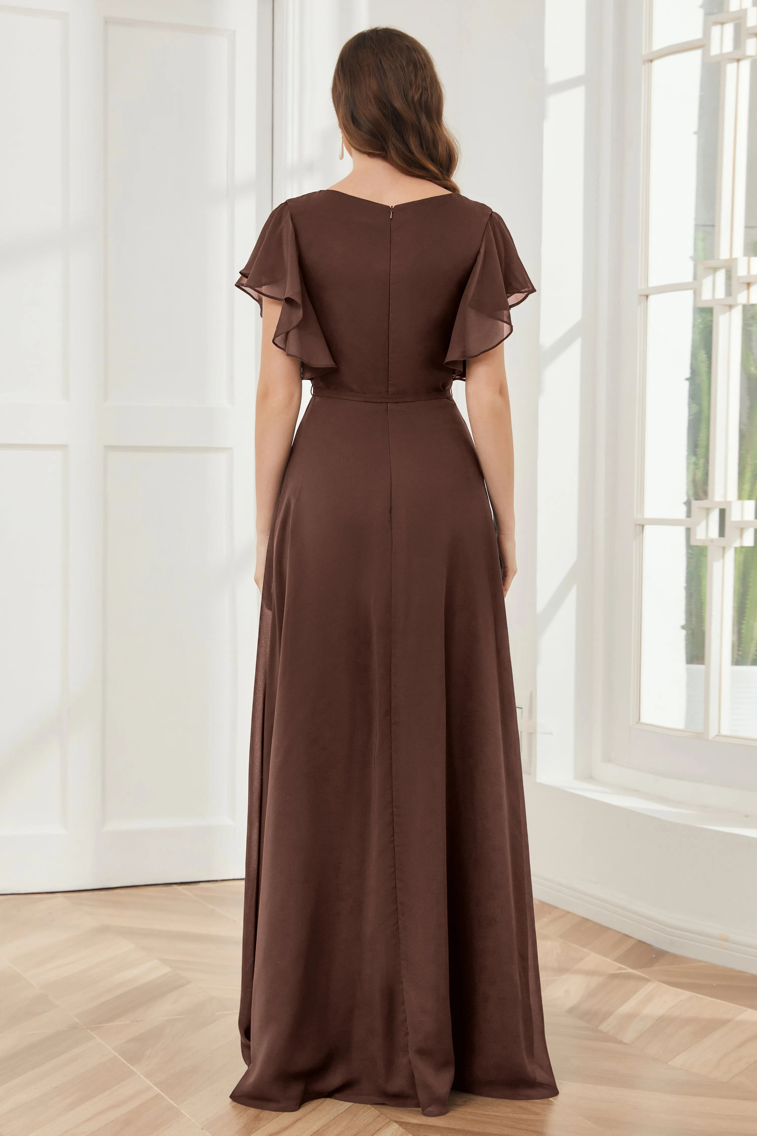 V-neck Ruffles Sleeves Chiffon Bridesmaid Dresses with Slit