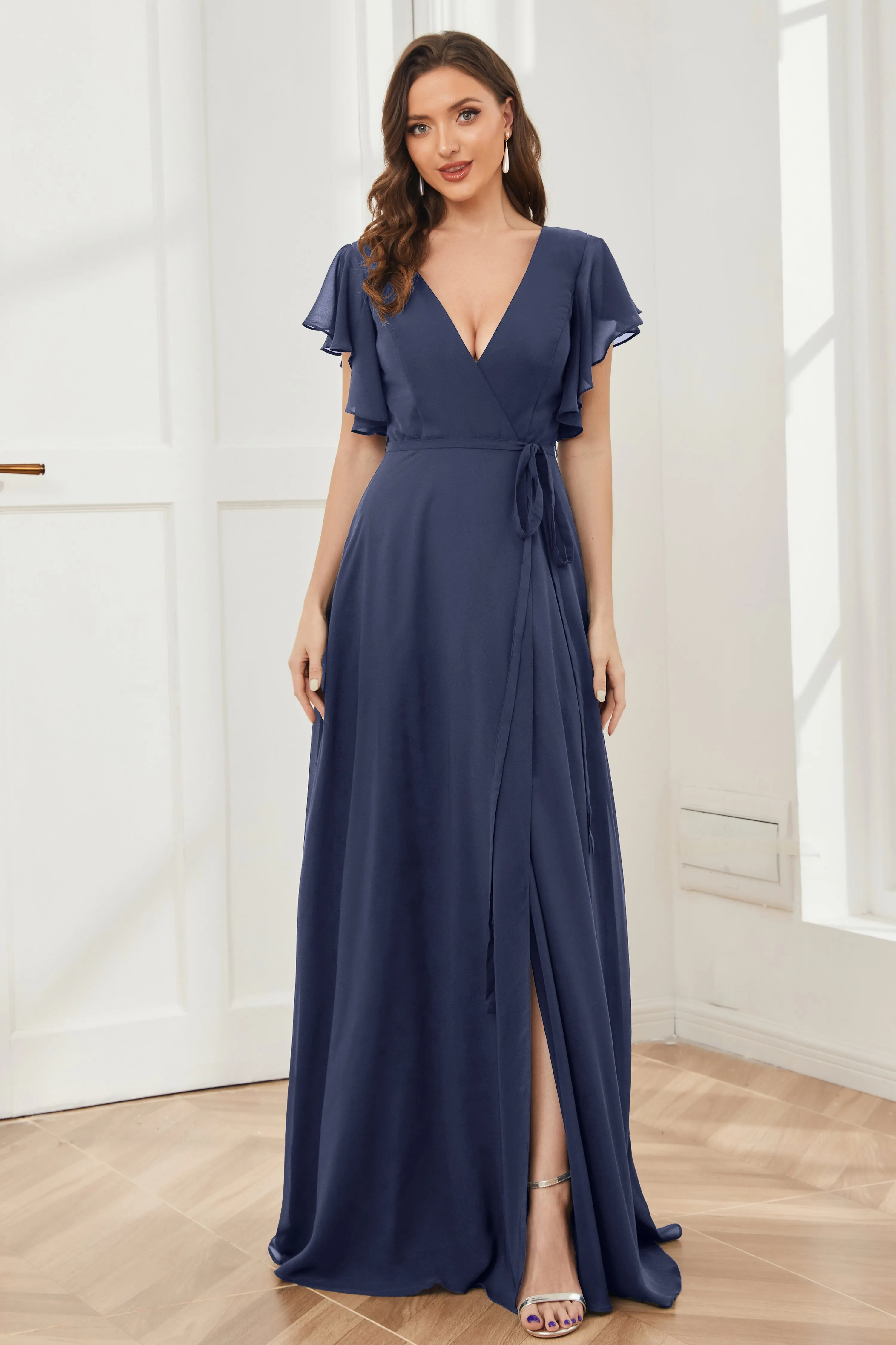 V-neck Ruffles Sleeves Chiffon Bridesmaid Dresses with Slit